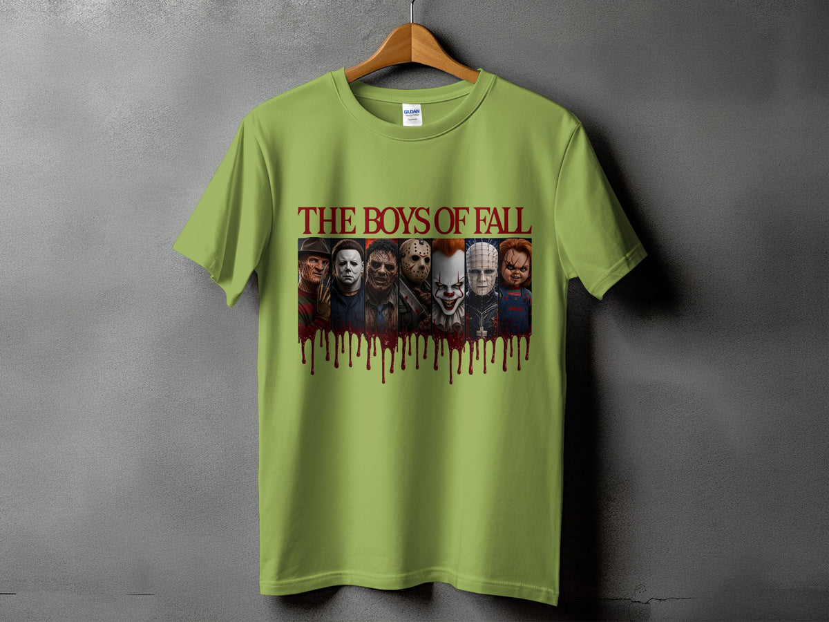 Green t-shirt with "The Boys of Fall" and horror movie characters design.