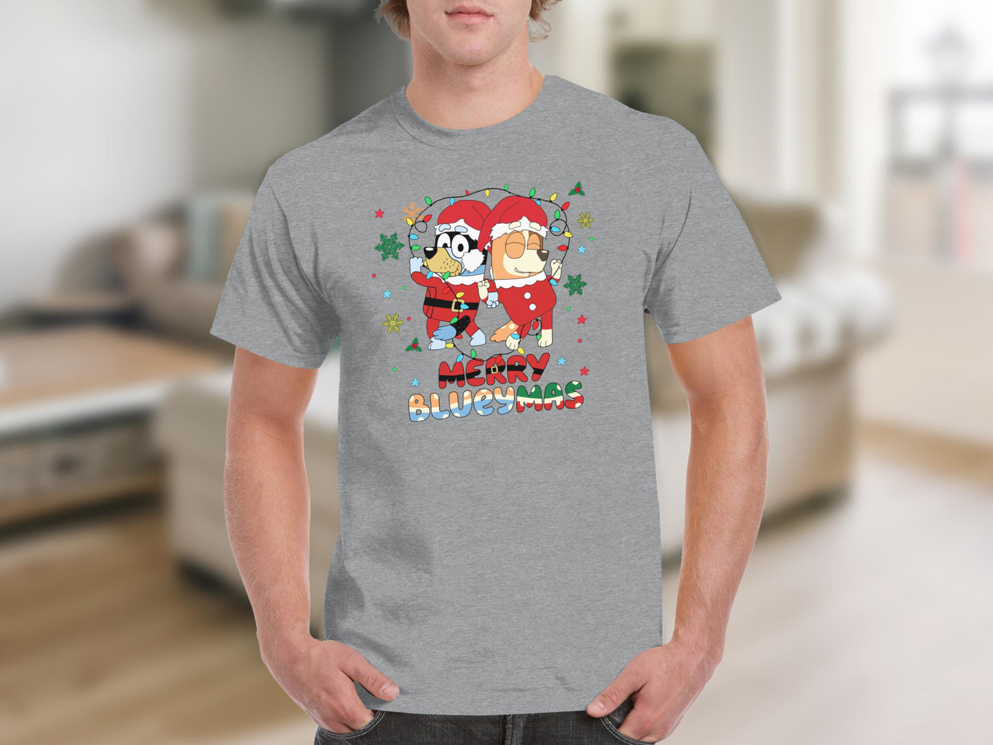 Merry Bluey Christmas Grey Graphic T-Shirt