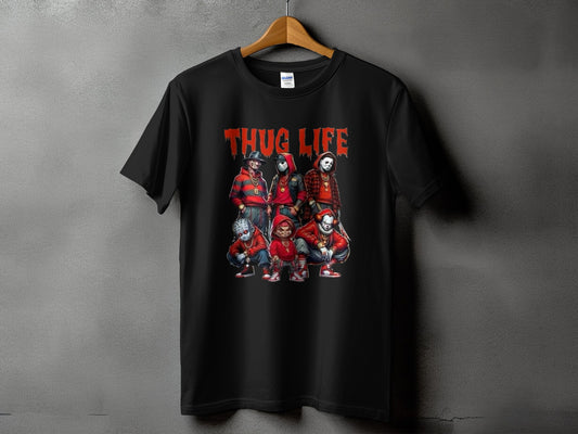 Black t-shirt with "THUG LIFE" text and horror movie characters.