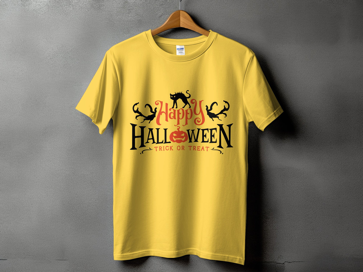 Yellow t-shirt with "Happy Halloween Trick or Treat" graphic featuring a black cat.
