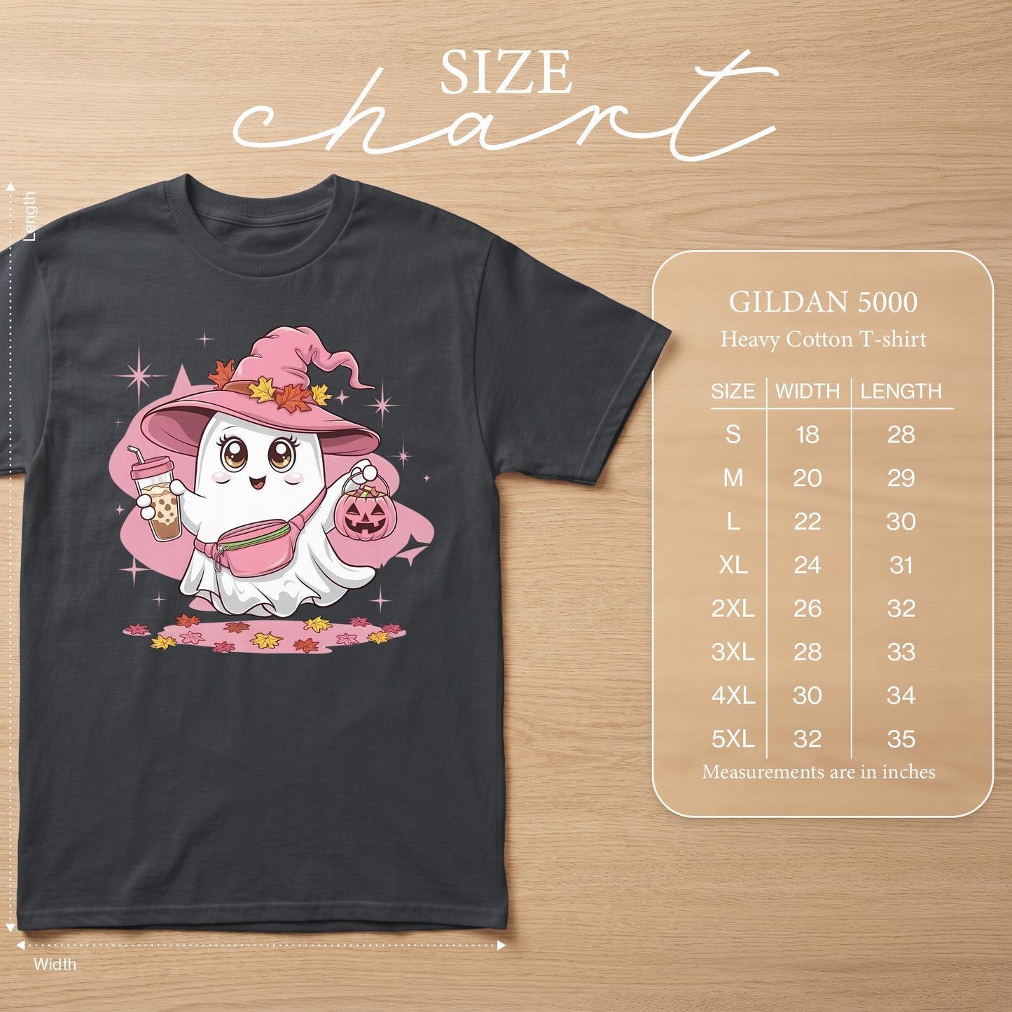 Gildan 5000 Heavy Cotton T-shirt size chart with ghost graphic.