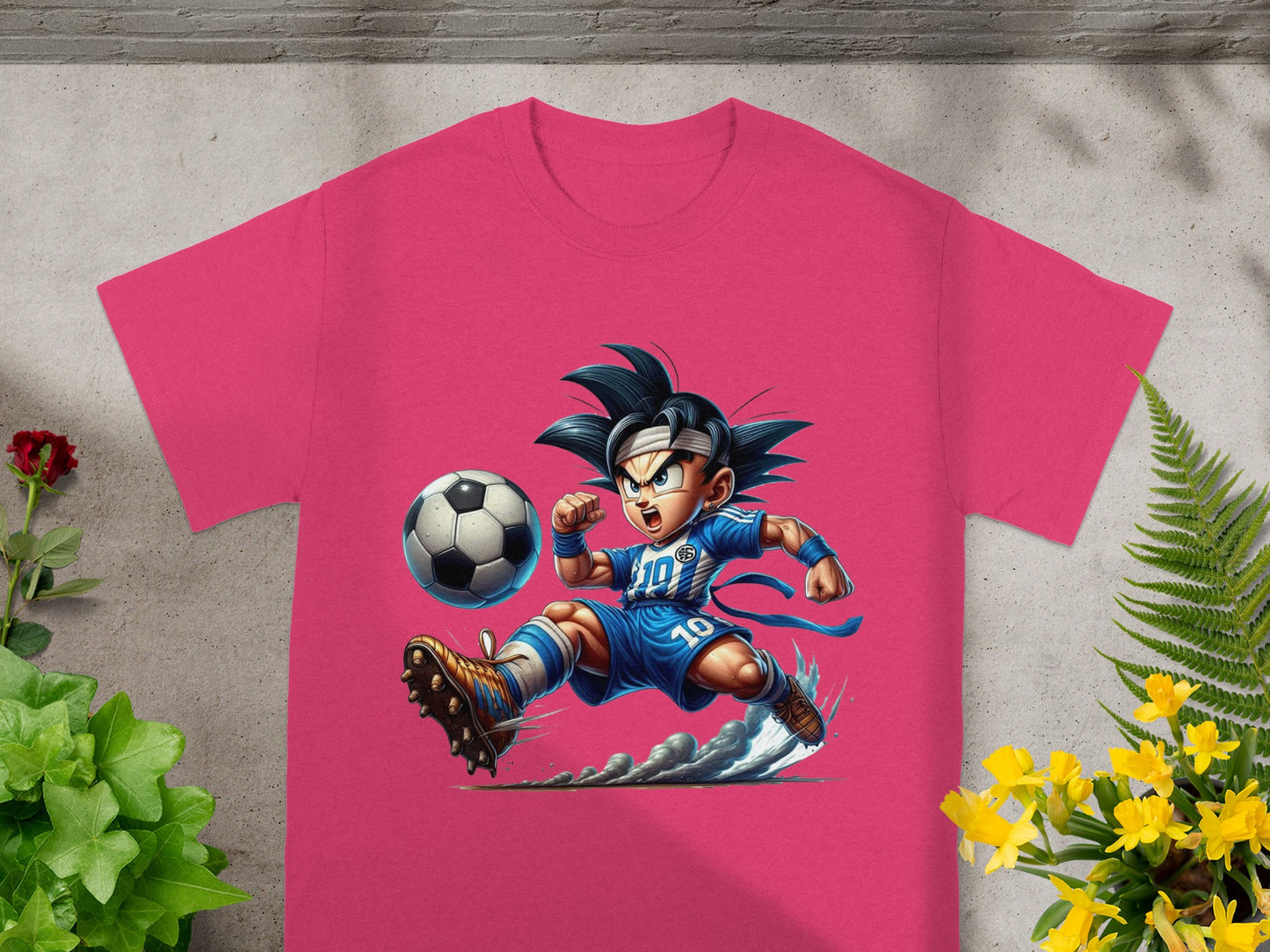 Goku from Dragon Ball Z playing soccer on a pink t-shirt.