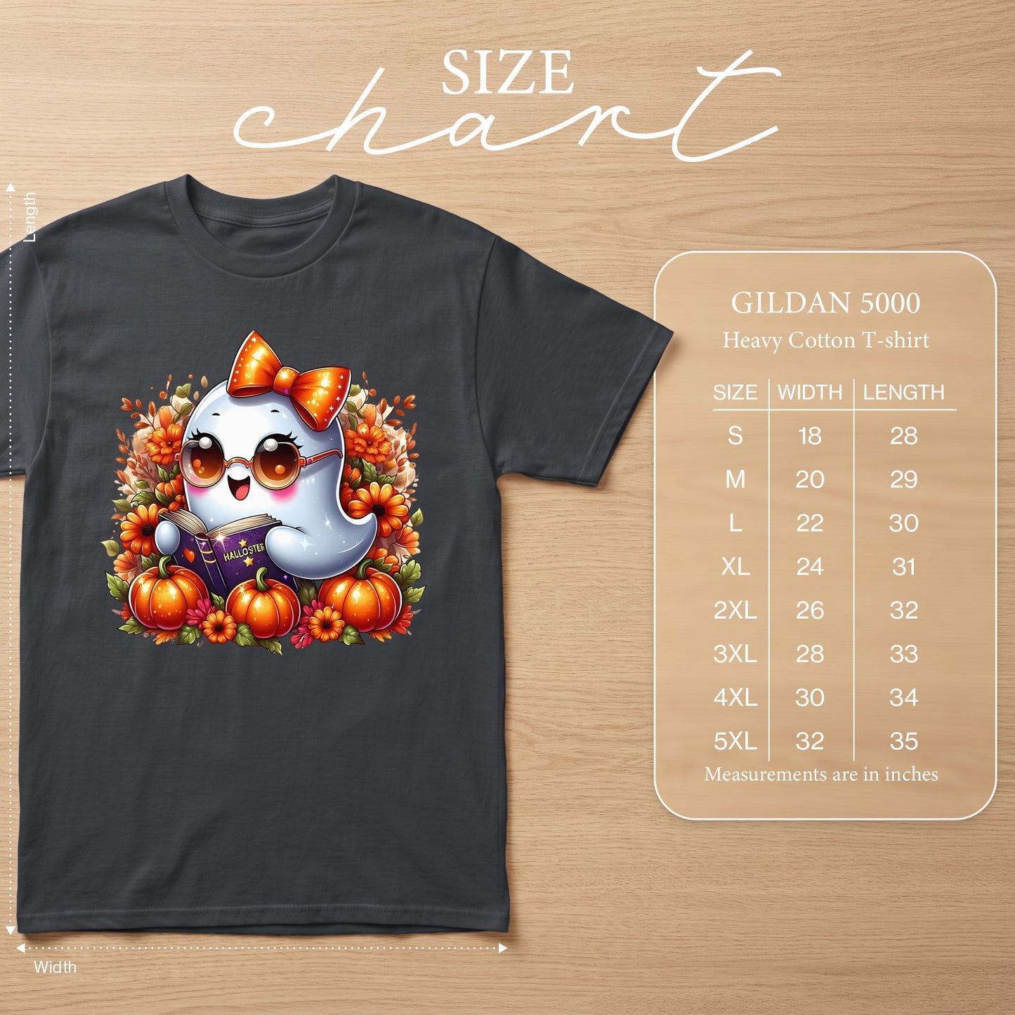 Size chart with a graphic of a cute ghost reading a book, surrounded by pumpkins and flowers.