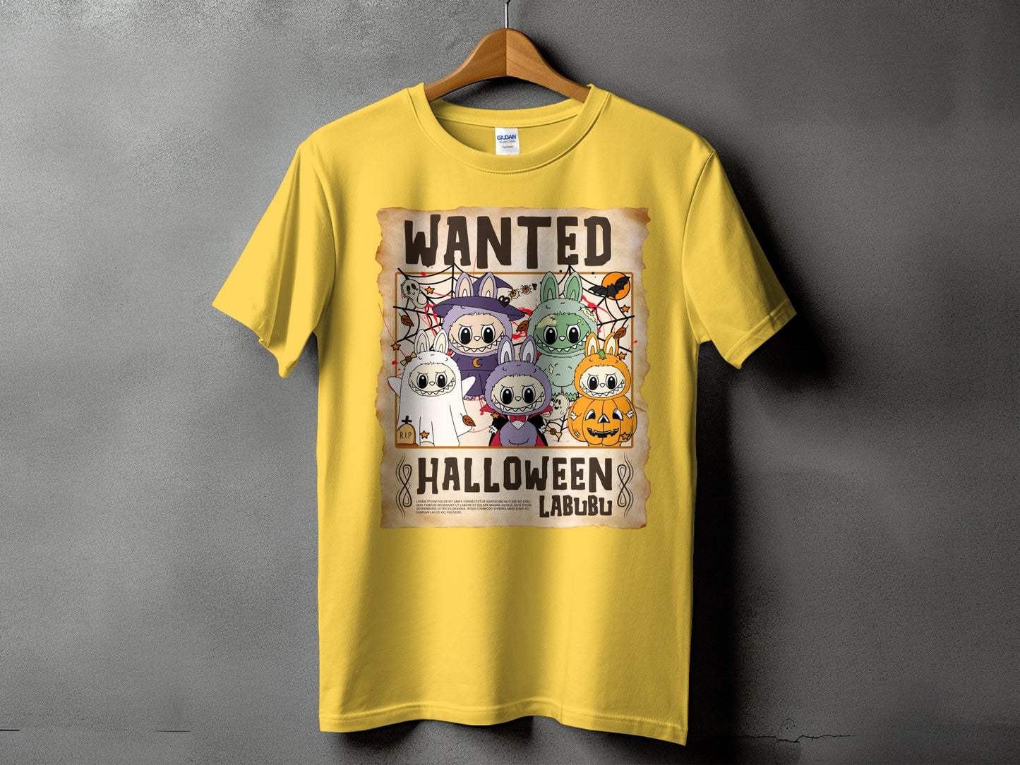 Yellow t-shirt with "Wanted Halloween Labubu" Halloween characters graphic.