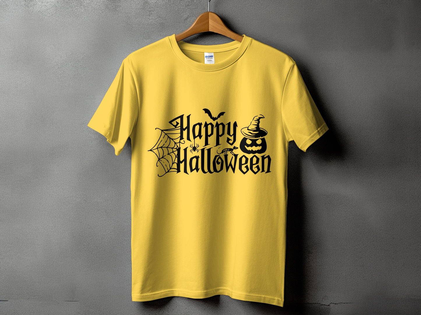 Yellow t-shirt with black "Happy Halloween" text, pumpkin, spider, and bat graphics.