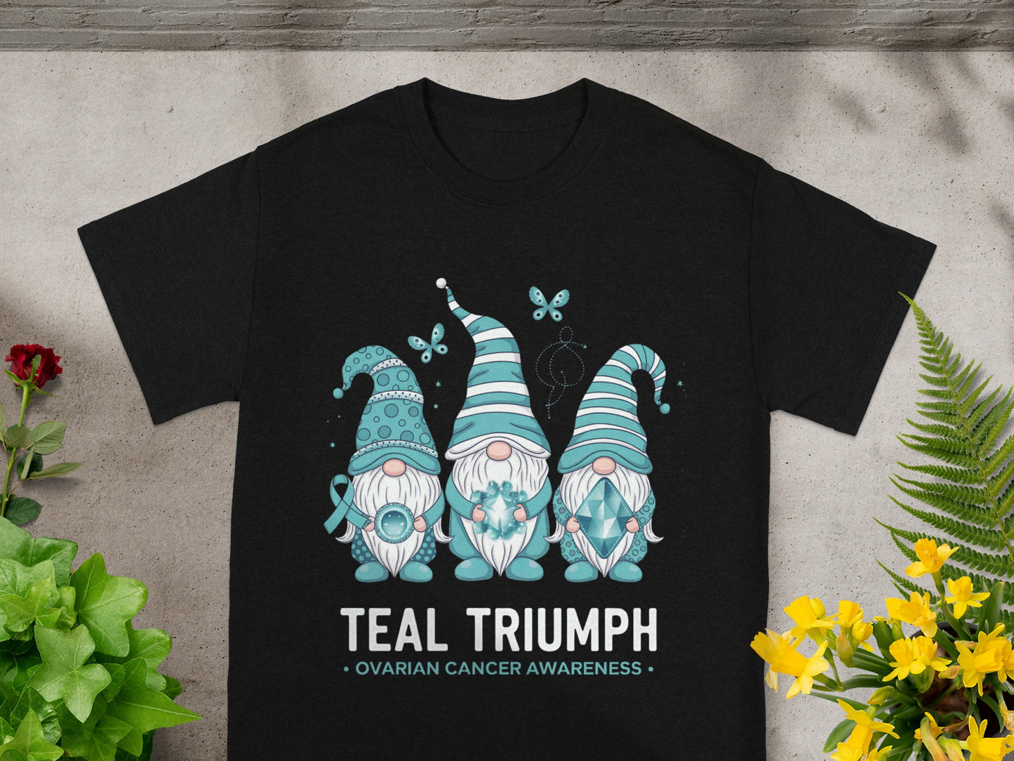 Teal Triumph Ovarian Cancer Awareness Gnome Shirt