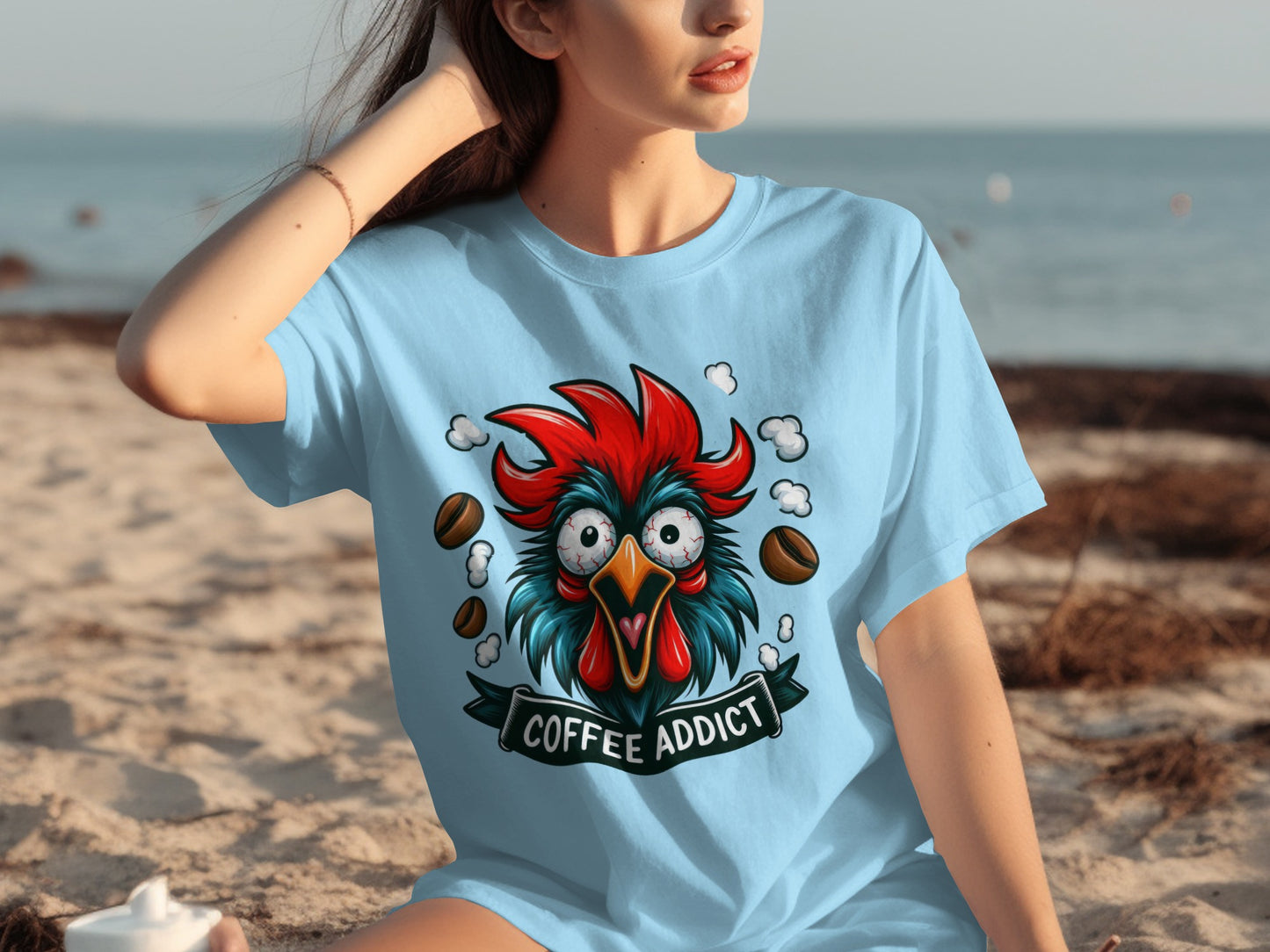 Coffee Addict Rooster Graphic Printed T-shirt