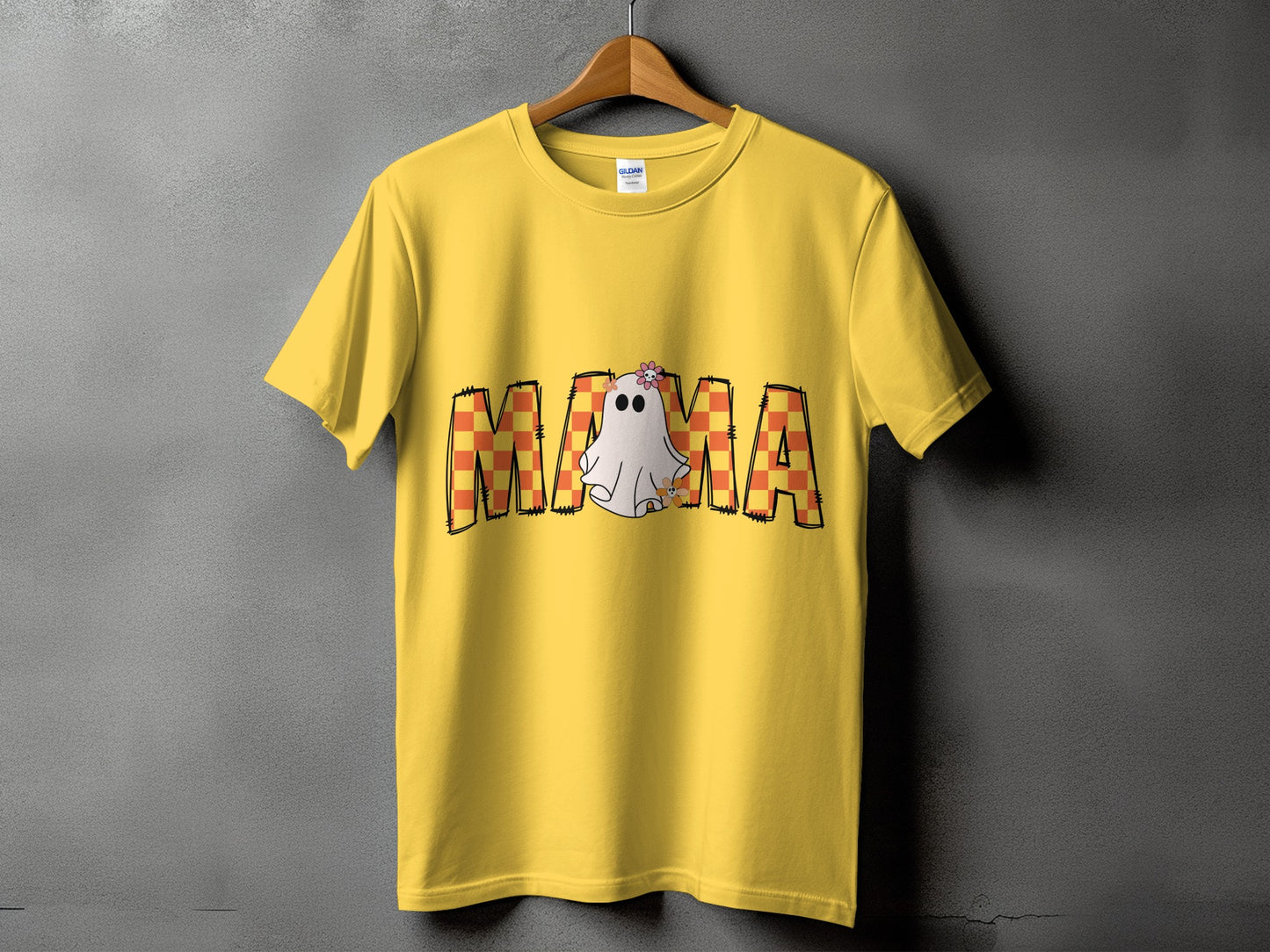 Yellow t-shirt with "Mama" text and a ghost graphic.