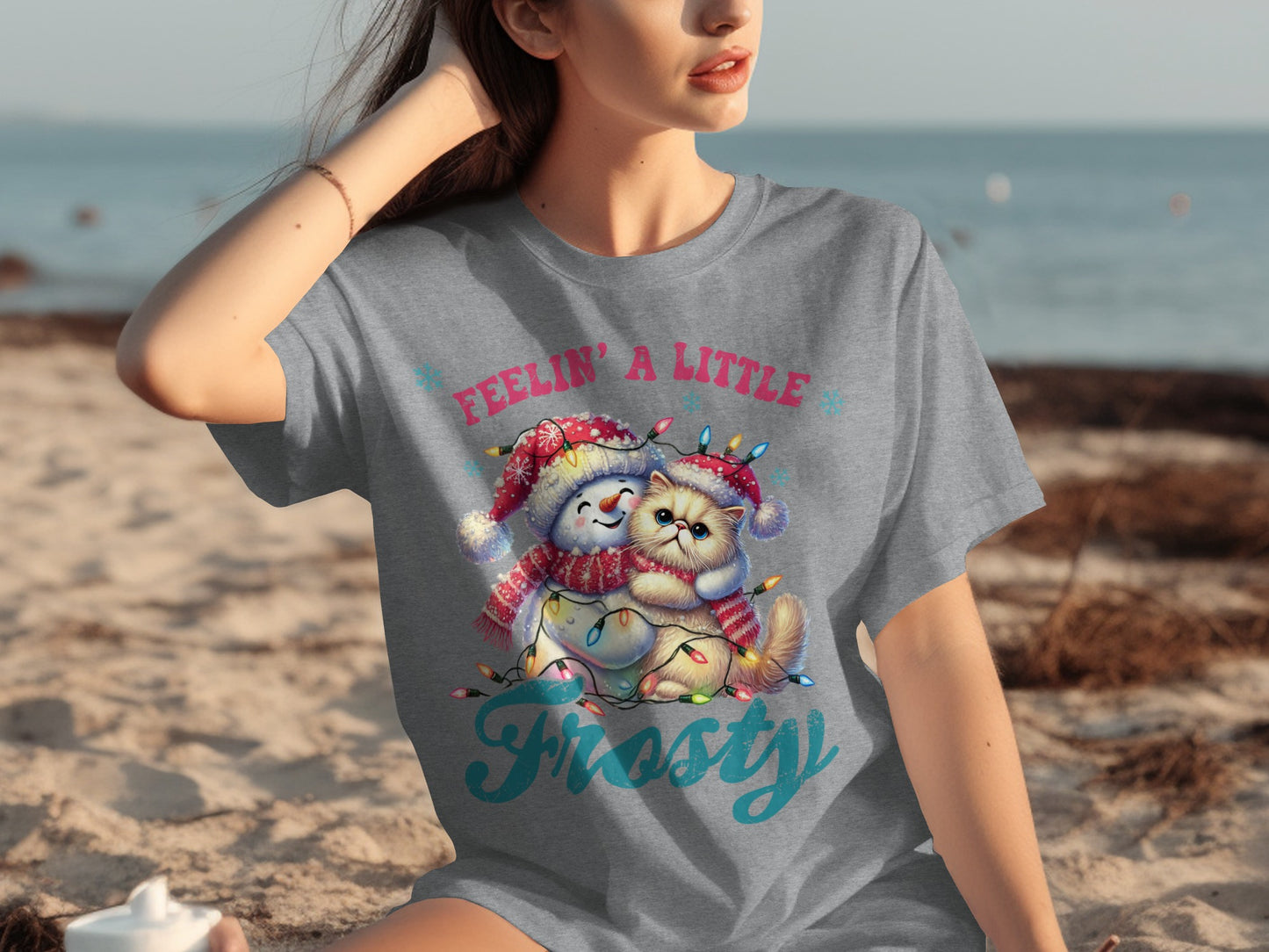 Feelin' a Little Frosty Snowman and Cat Graphic T-shirt
