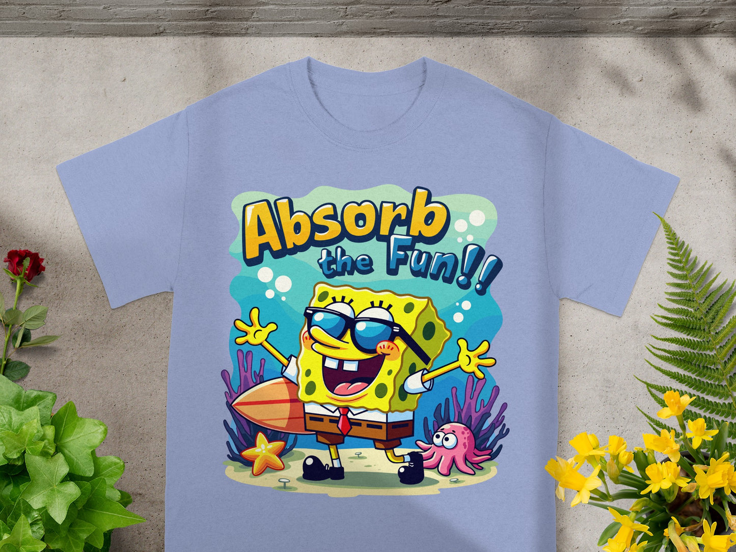 SpongeBob SquarePants with a surfboard and text "Absorb the Fun!!"