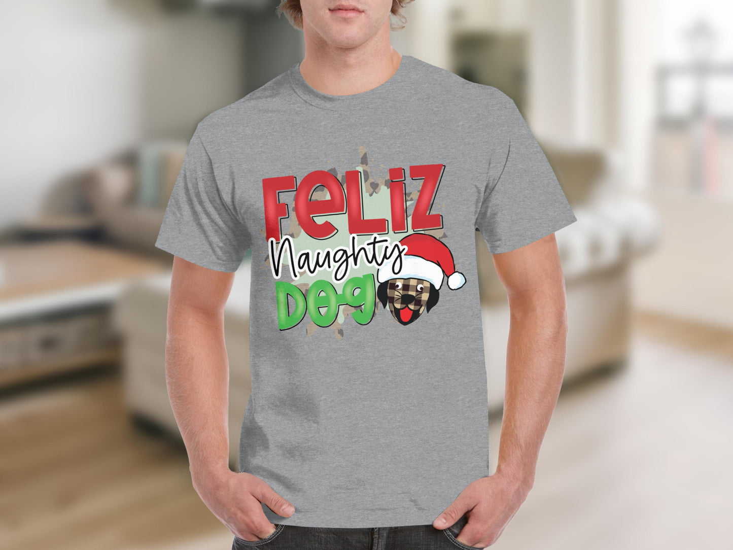 Feliz Naughty Dog Graphic Christmas T-Shirt for Holiday Season