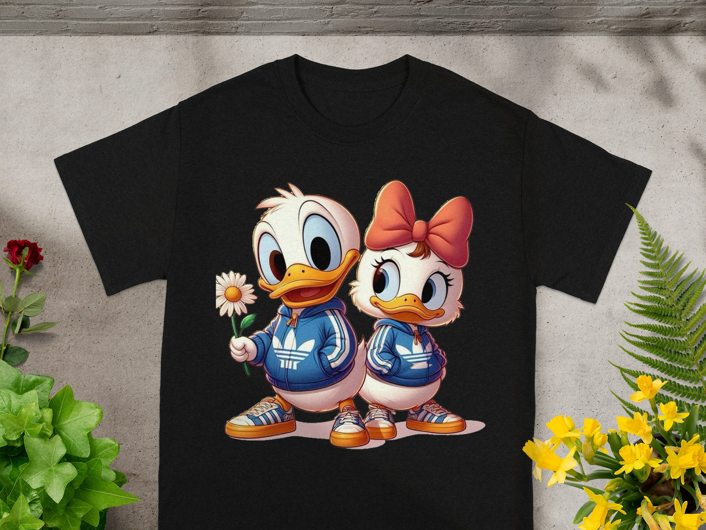 Cute Duck Couple Holding Flower Graphic T-Shirt