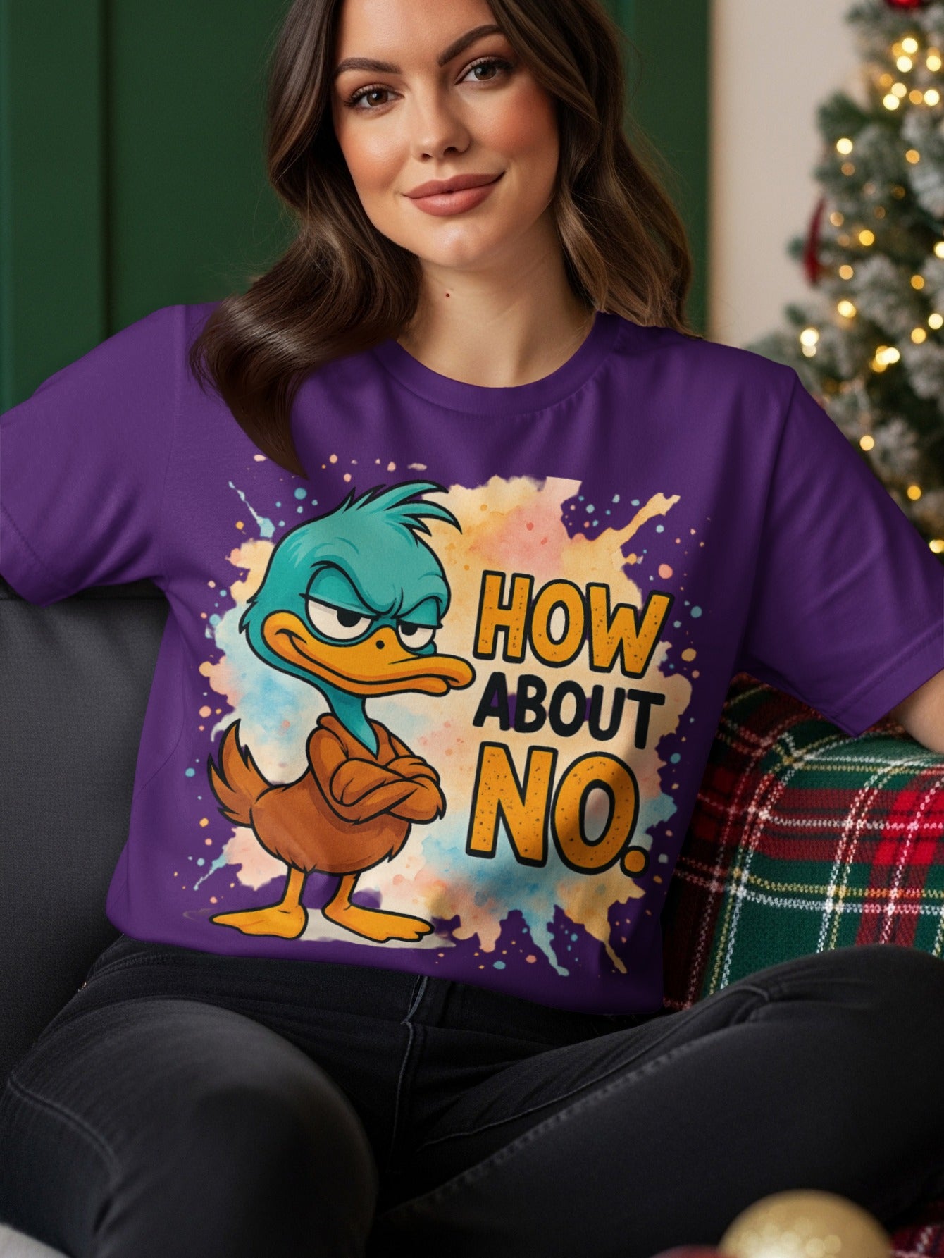 Purple t-shirt with cartoon duck and "How About NO." text.