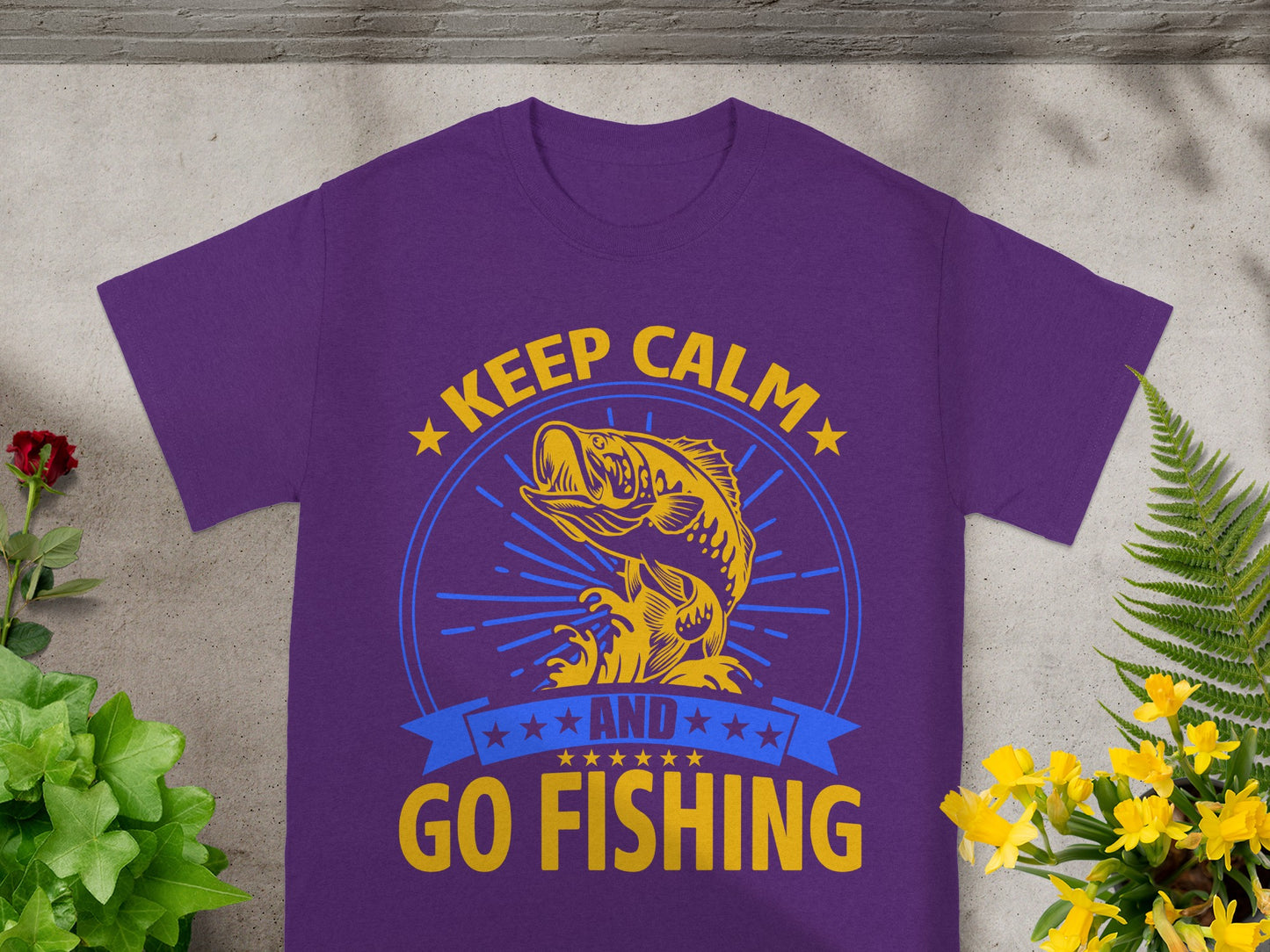 Purple t-shirt with "KEEP CALM AND GO FISHING" text and a bass fish graphic.