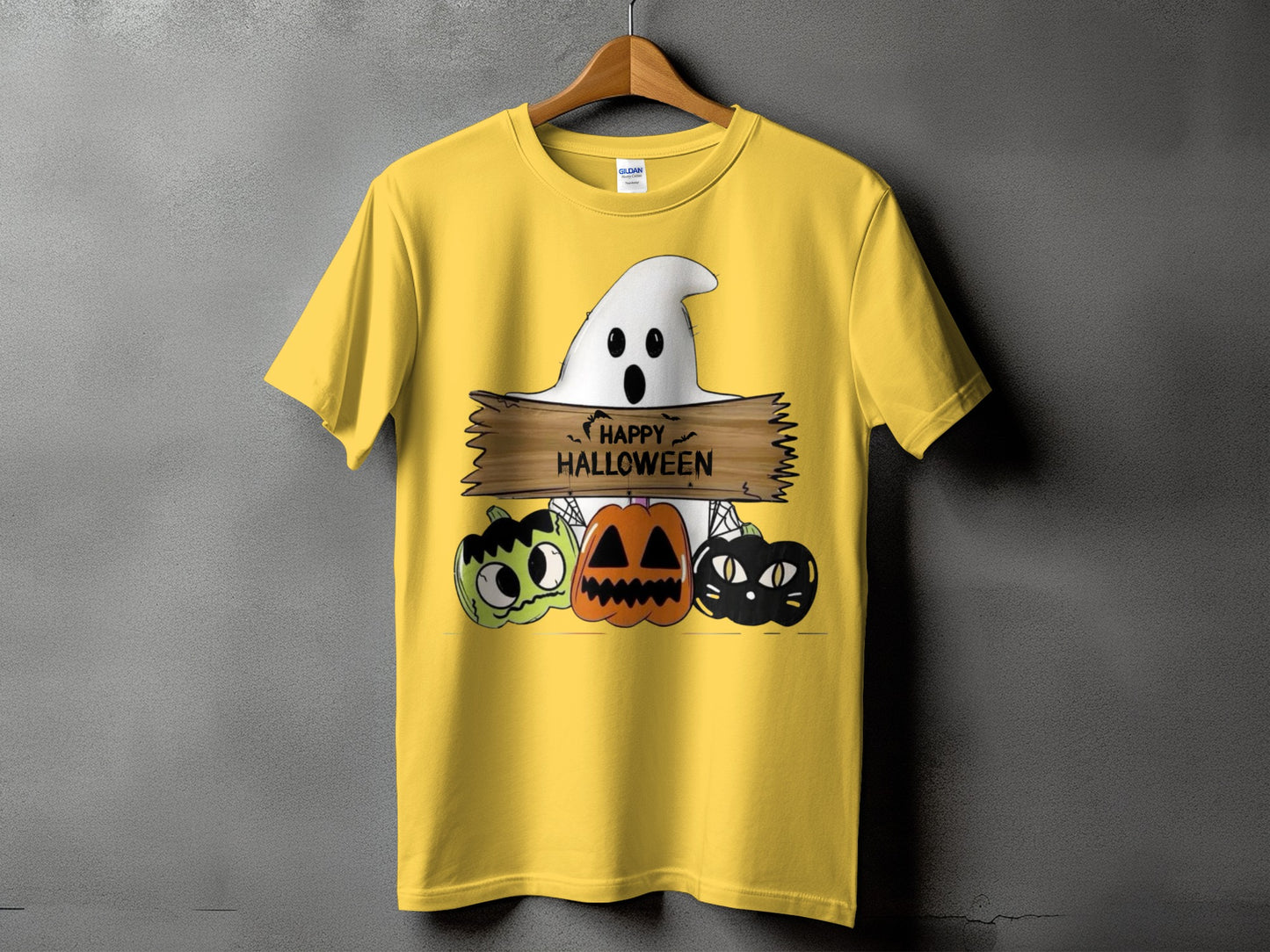 Yellow t-shirt with a ghost, pumpkins, and "Happy Halloween" text graphic.