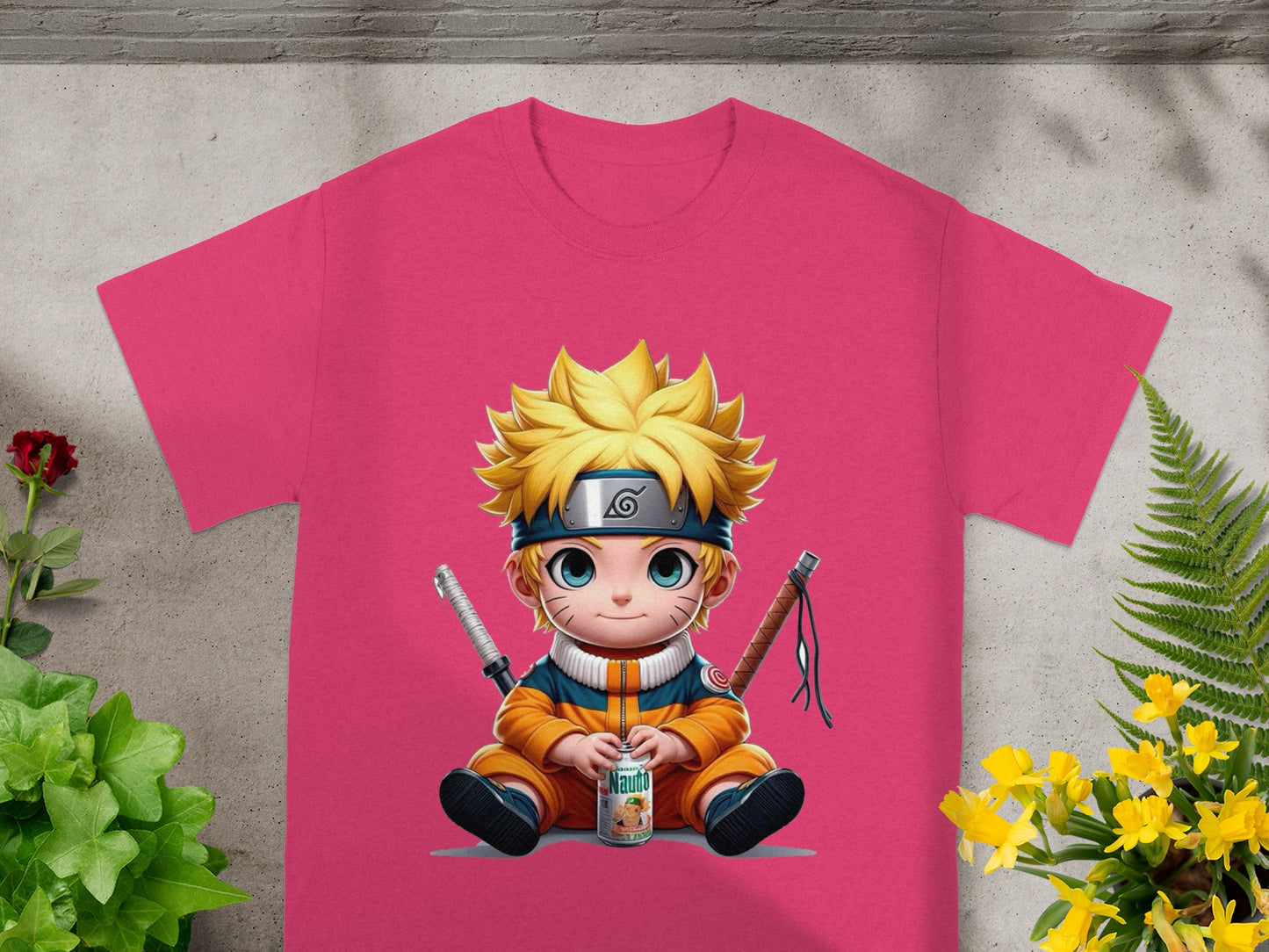 Cartoon Naruto character wearing a t-shirt holding a drink.