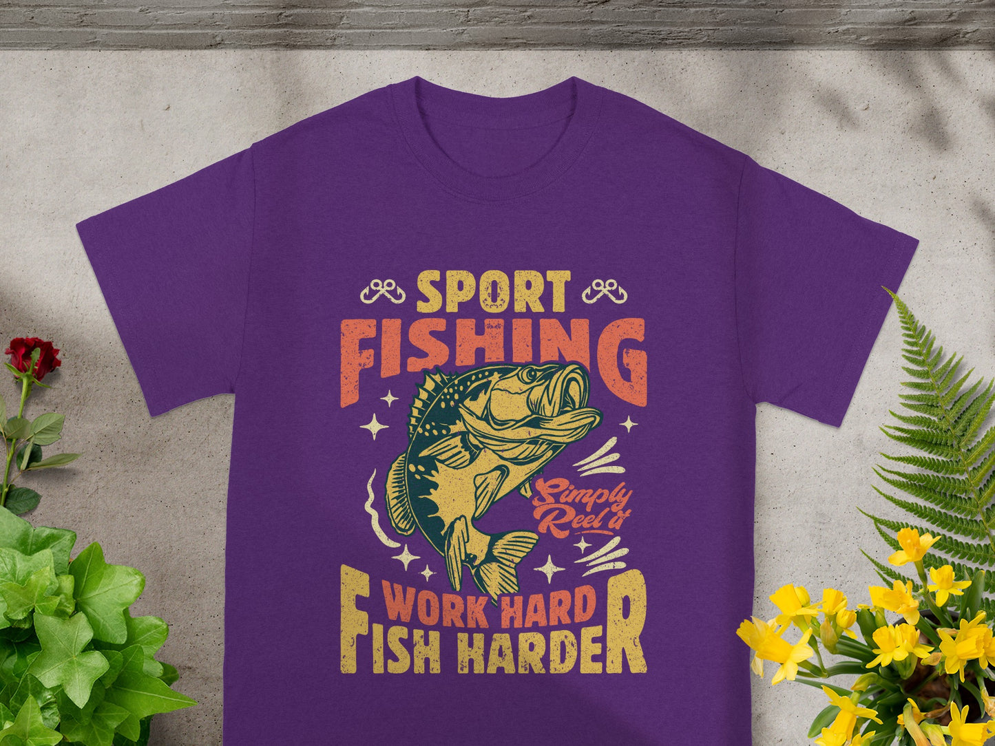 Purple t-shirt with "Sport Fishing" and "Work Hard, Fish Harder" text.