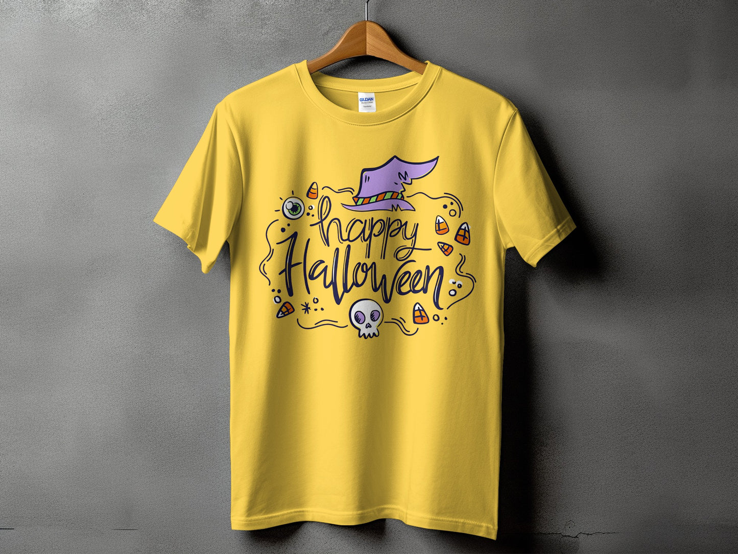 Yellow t-shirt with "Happy Halloween" text, a purple witch hat, and Halloween icons.
