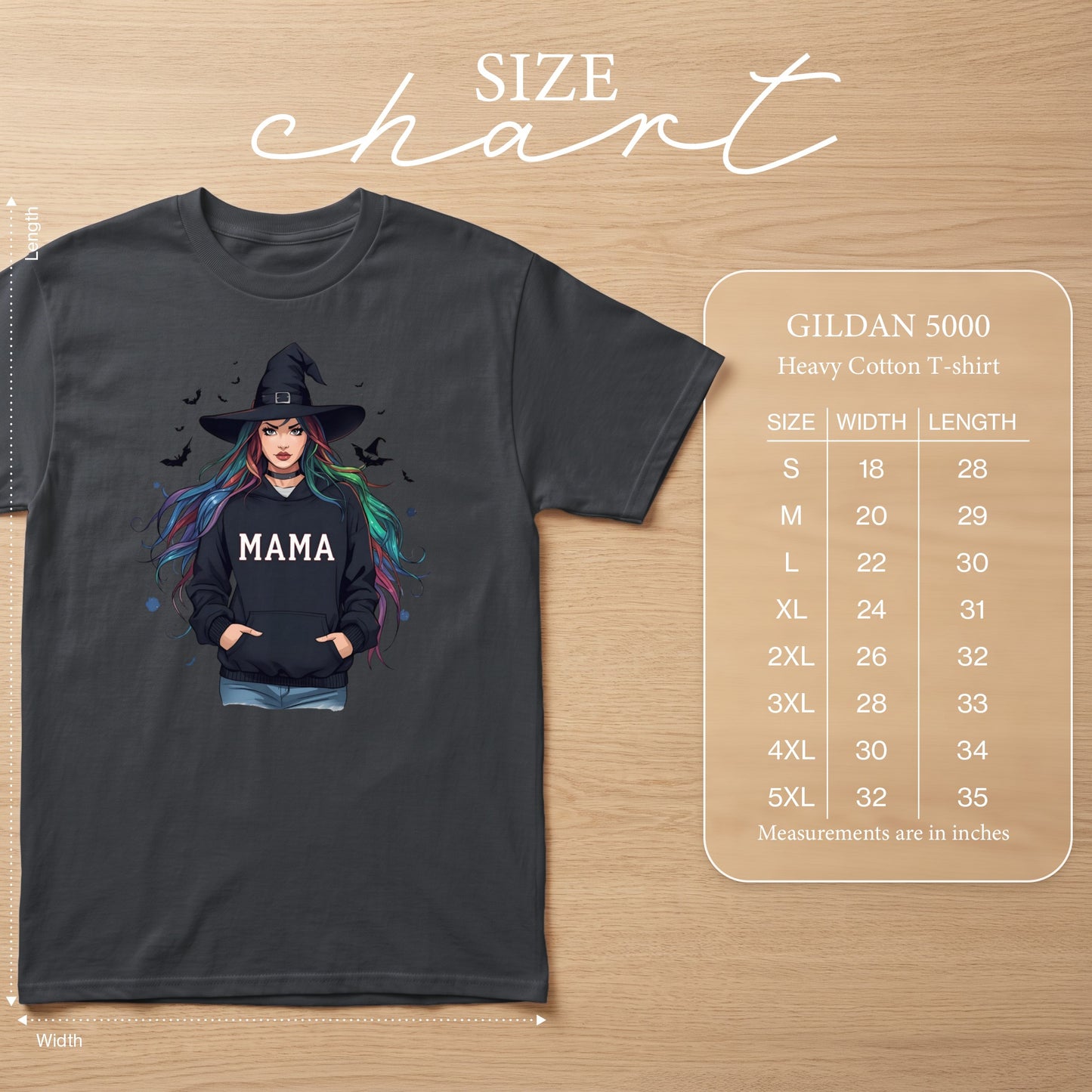 Dark grey Gildan 5000 heavy cotton t-shirt with "MAMA" graphic and size chart.