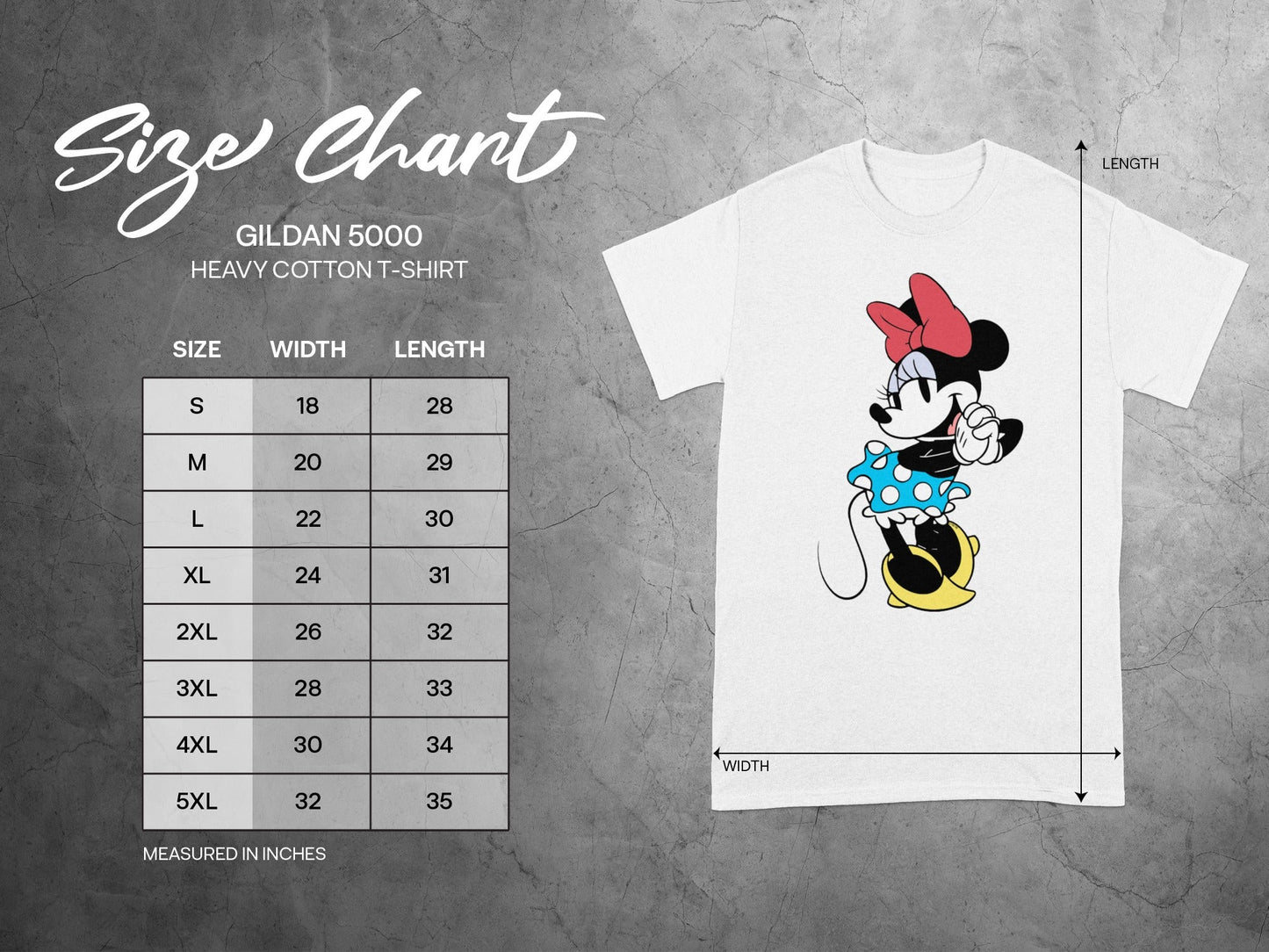 Minnie Mouse Gildan 5000 Size Chart Measured In Inches product type