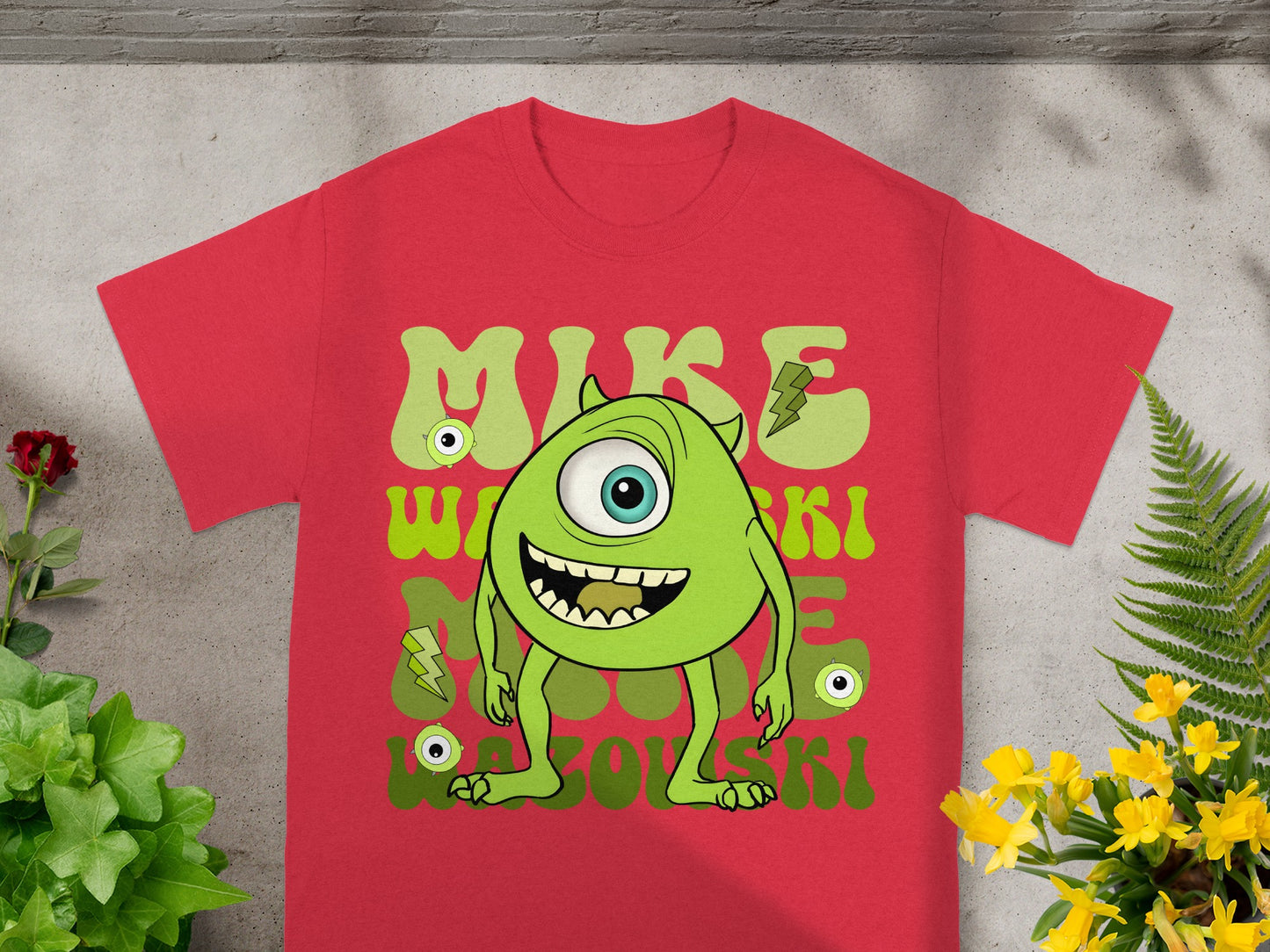 Red t-shirt with cartoon monster Mike Wazowski from Monsters, Inc.
