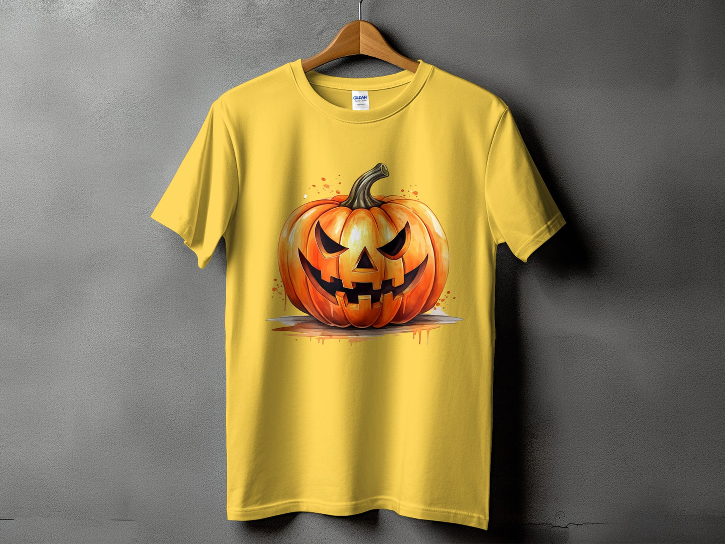 Yellow t-shirt with a Jack-o'-lantern graphic on the front.