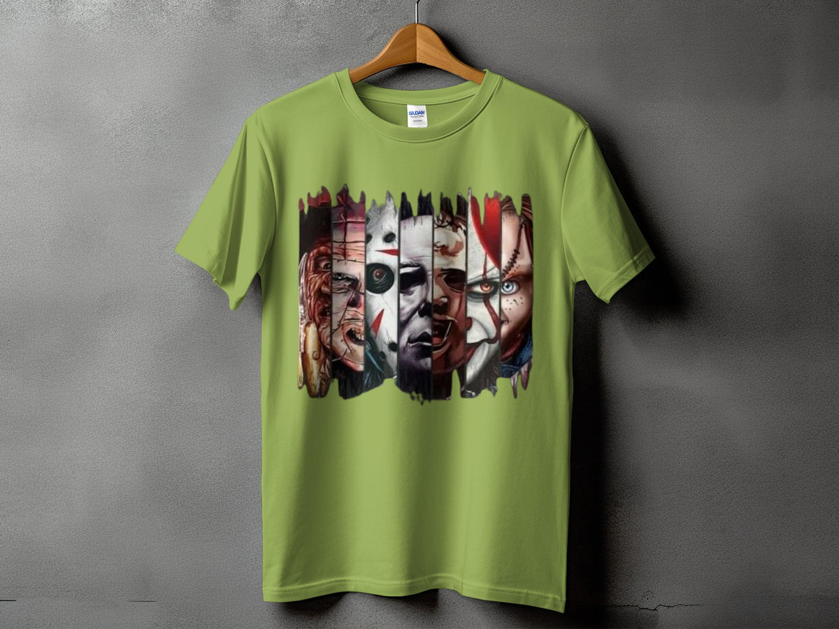 Lime green t-shirt featuring a collage of horror movie villains.