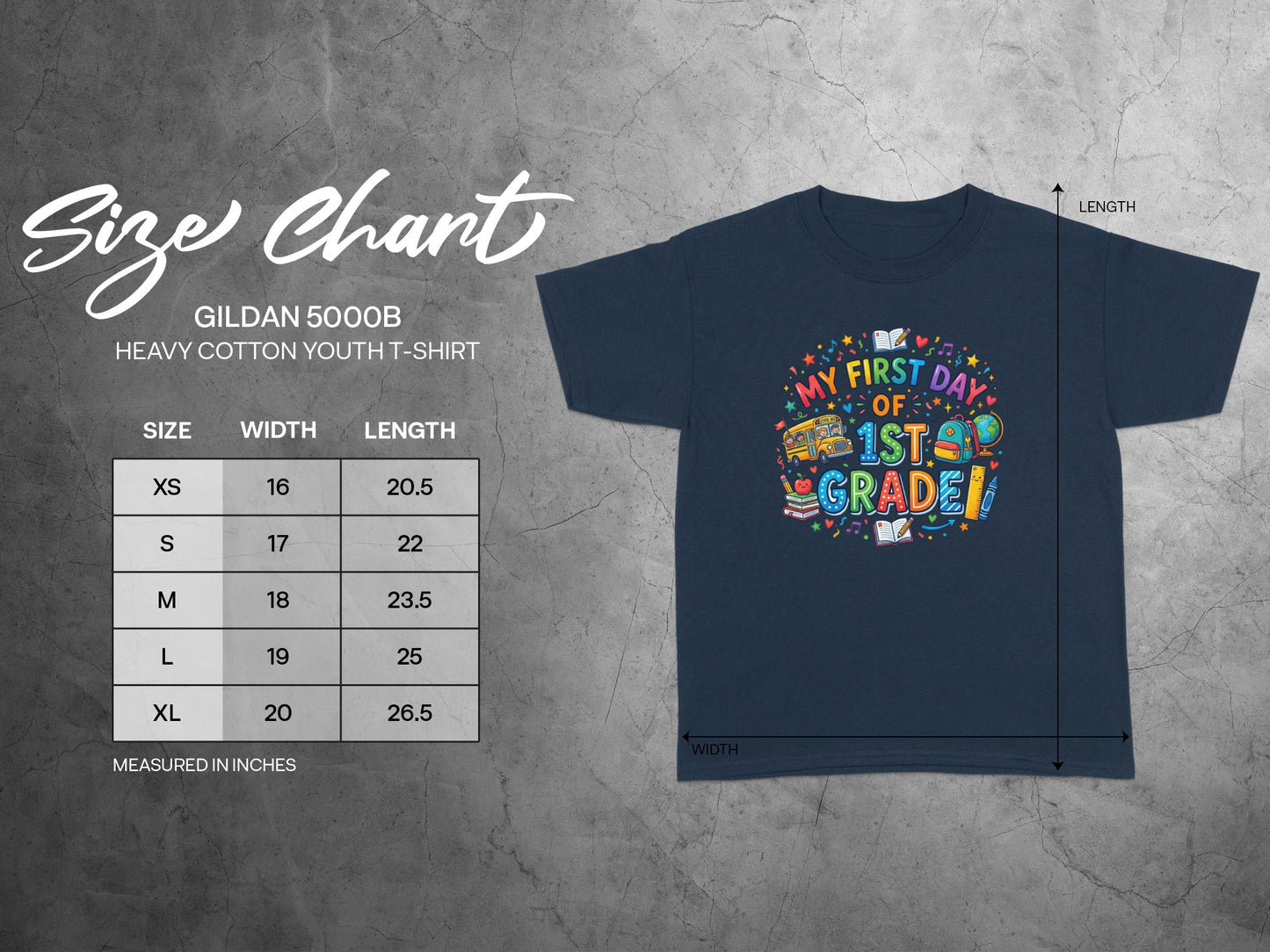 Size chart for Gildan 5000B youth t-shirts with width and length measurements.