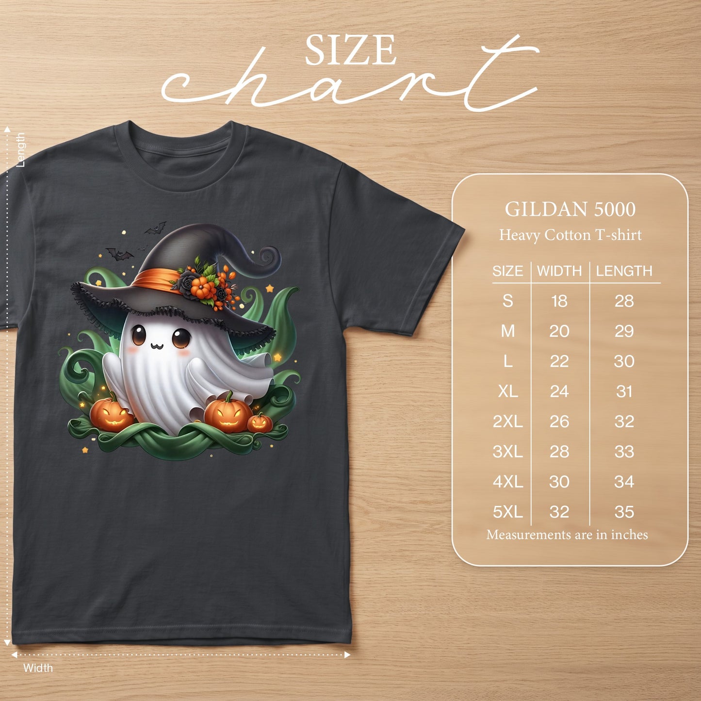 Charcoal t-shirt with a cute ghost wearing a witch hat and pumpkins, with size chart.