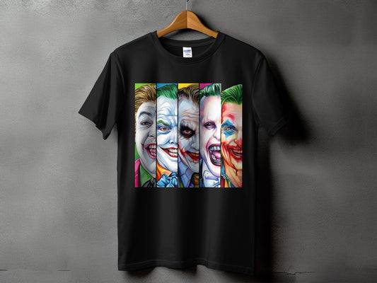 Black t-shirt featuring a collage of five different Joker faces in vertical panels.