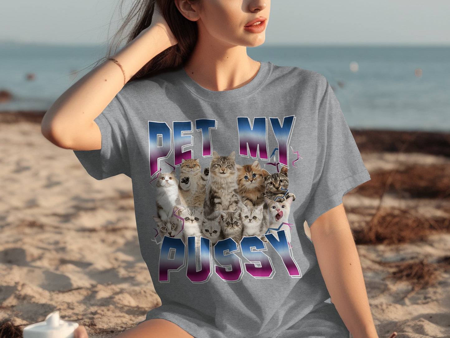 Pet My Pussy Kittens Graphic Grey Shirt