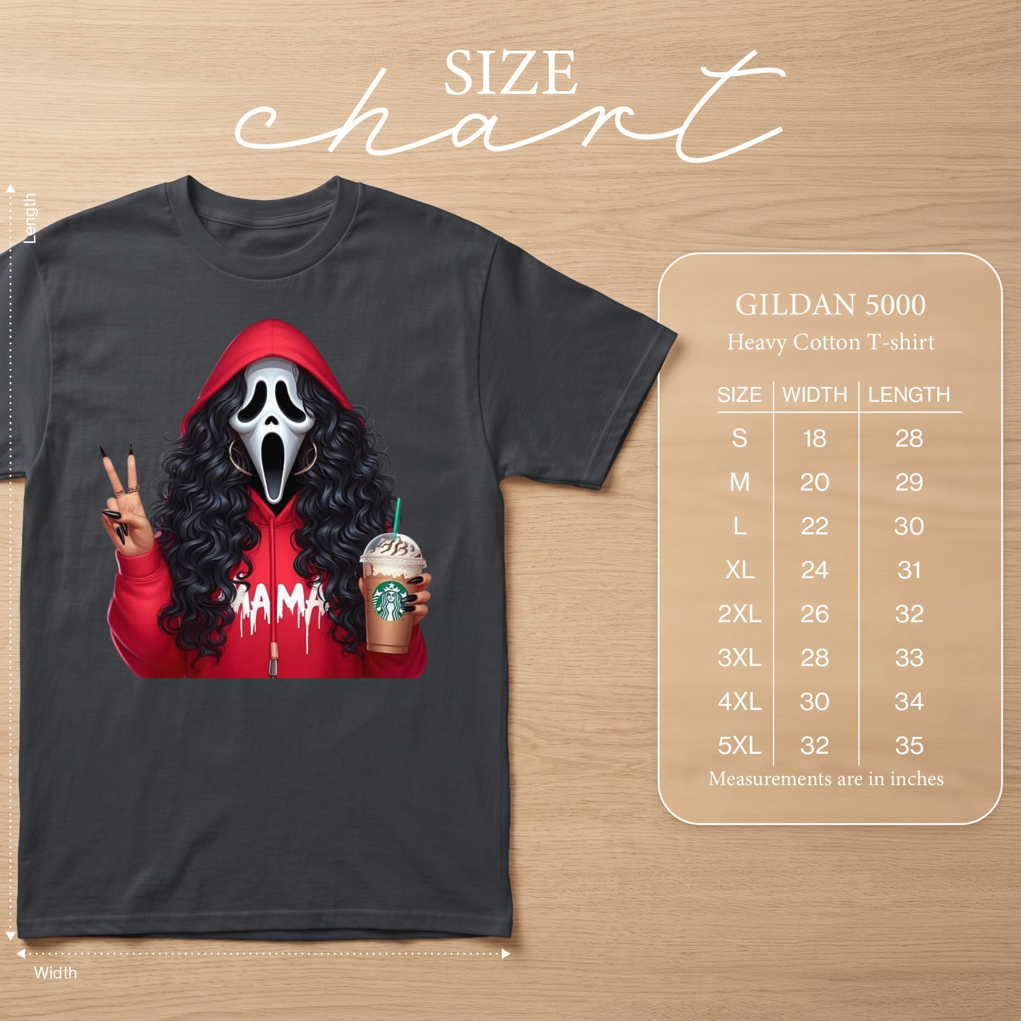 Dark grey t-shirt with Ghostface graphic and Gildan 5000 size chart.