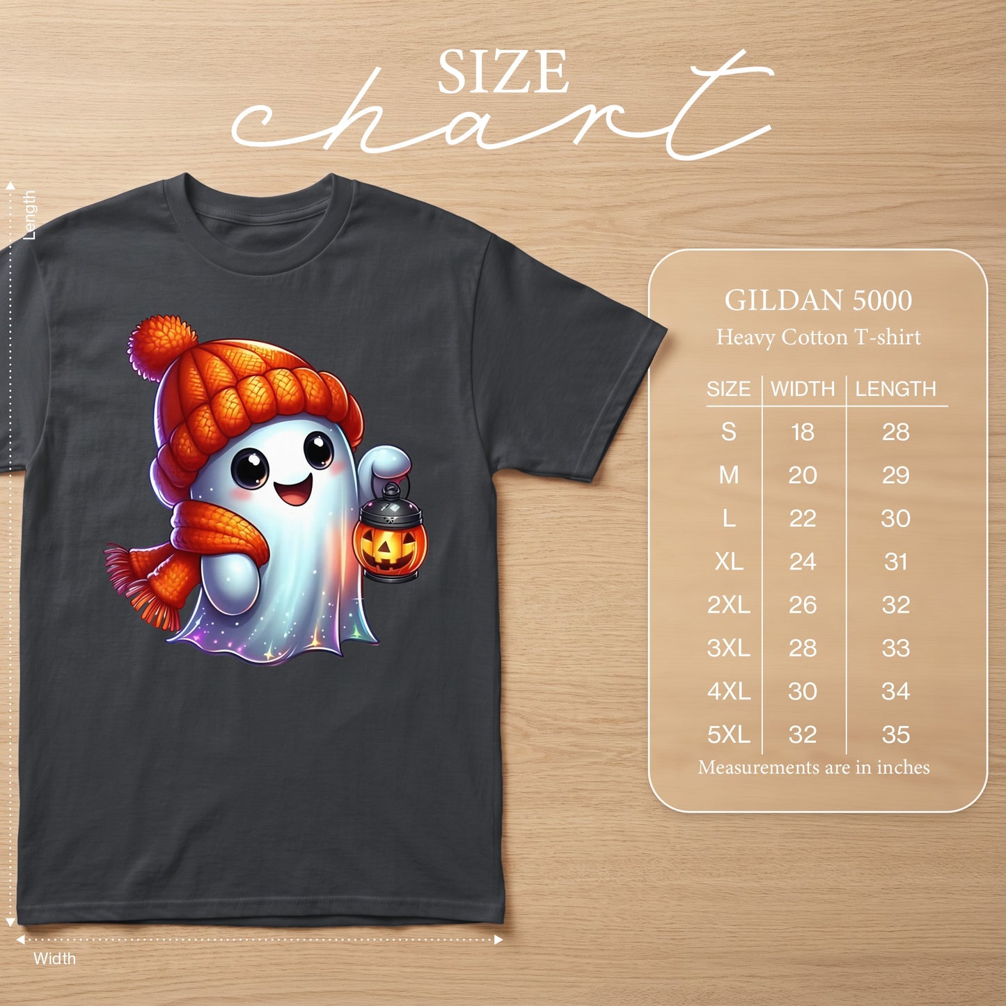 Gildan 5000 Heavy Cotton T-shirt size chart with ghost graphic and measurements in inches.