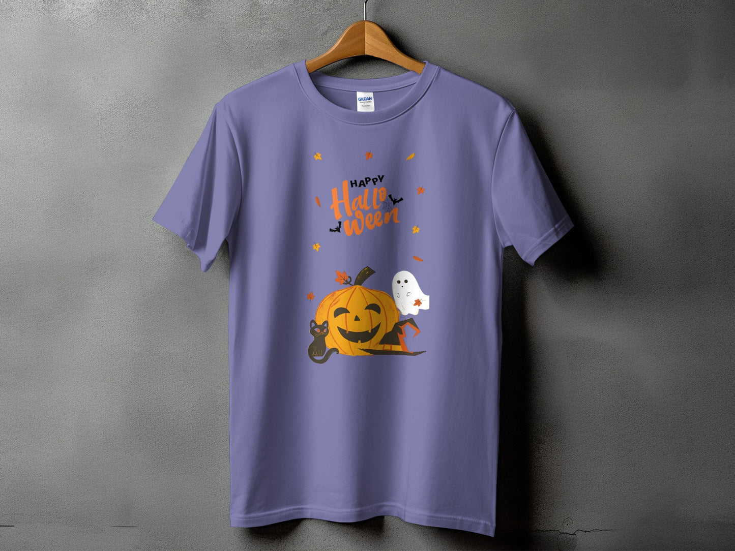 Purple t-shirt with "Happy Halloween" text, pumpkin, black cat, ghost, and witch hat.