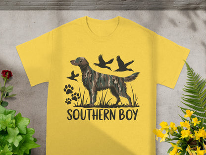 Yellow t-shirt featuring a camouflage dog, three ducks, and paw prints with text "SOUTHERN BOY".