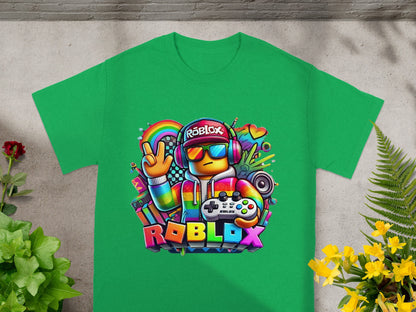 Green t-shirt with Roblox character wearing headphones and holding a controller.