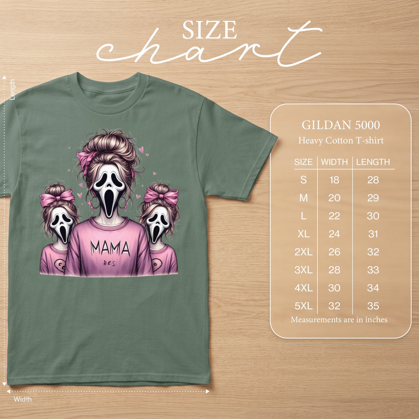 Green t-shirt with ghost masks and "MAMA" graphic, with Gildan 5000 size chart.