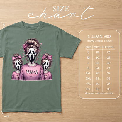 Green t-shirt with ghost masks and "MAMA" graphic, with Gildan 5000 size chart.