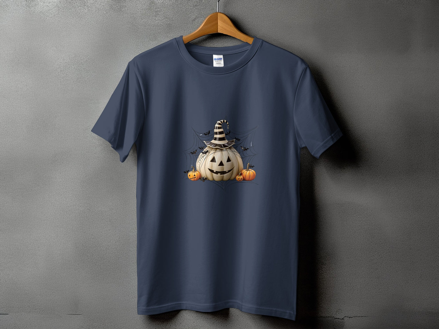 Navy t-shirt with Halloween pumpkins, bats, and spider web graphic.
