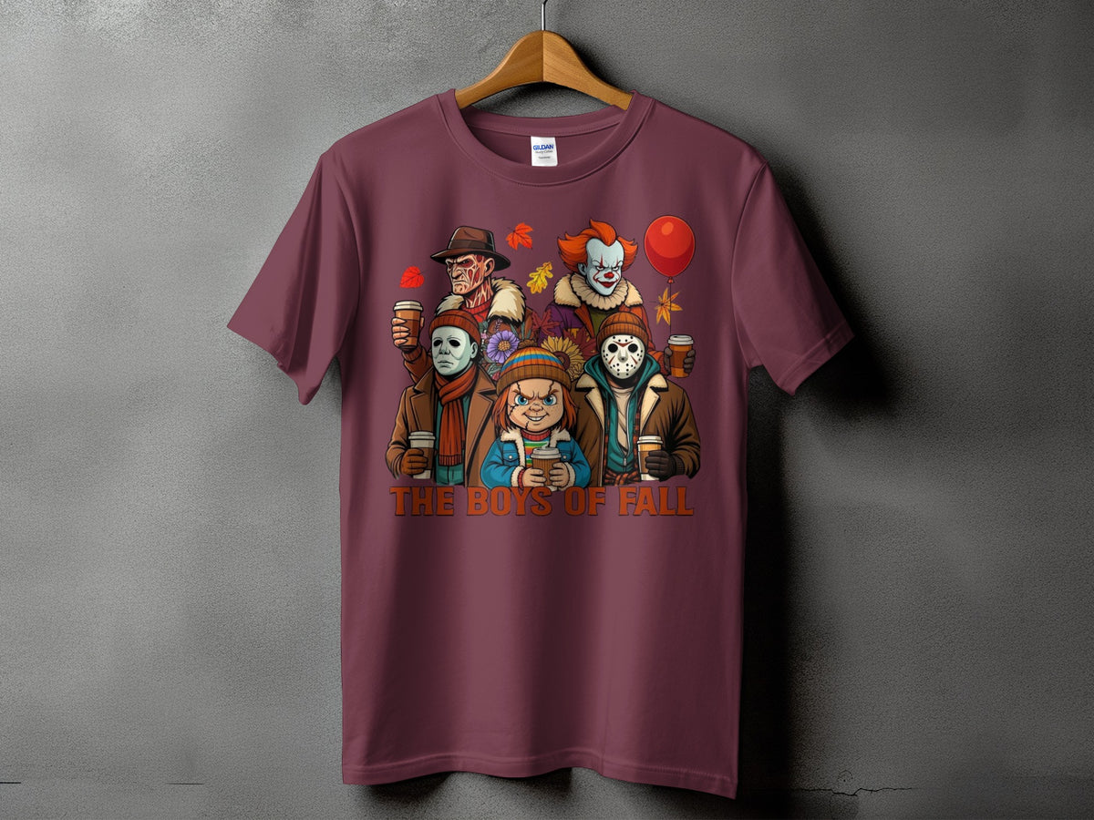 Maroon t-shirt with horror characters and "The Boys of Fall" text.