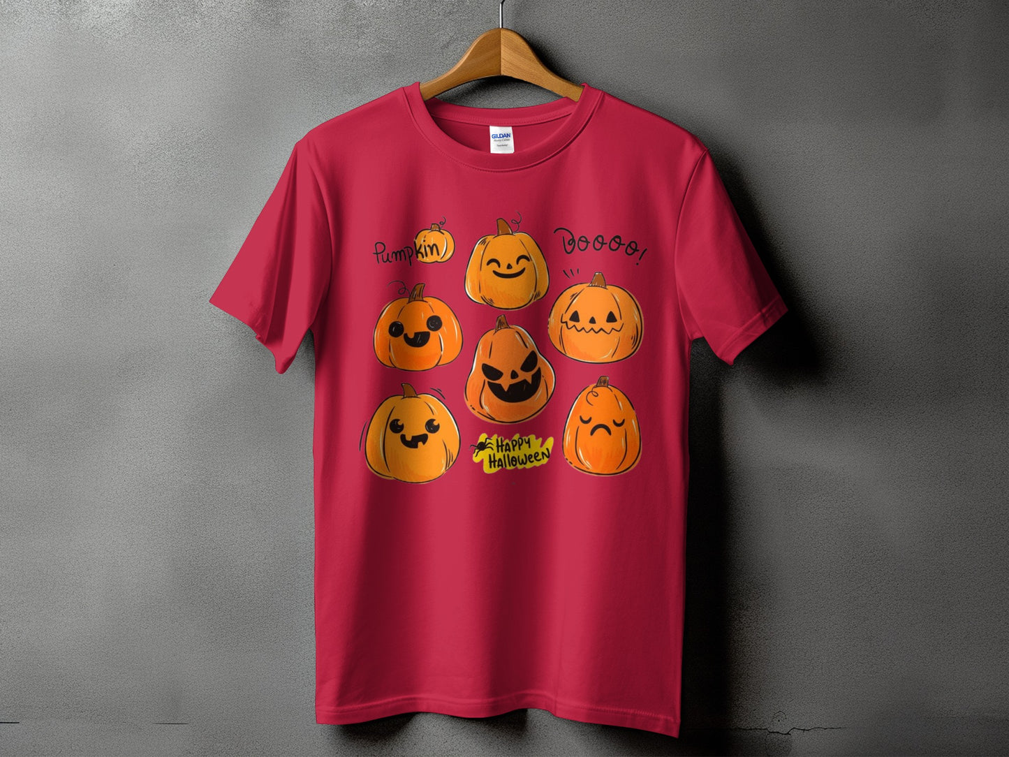 Red t-shirt with a Halloween pumpkin graphic and "Boo!" text.