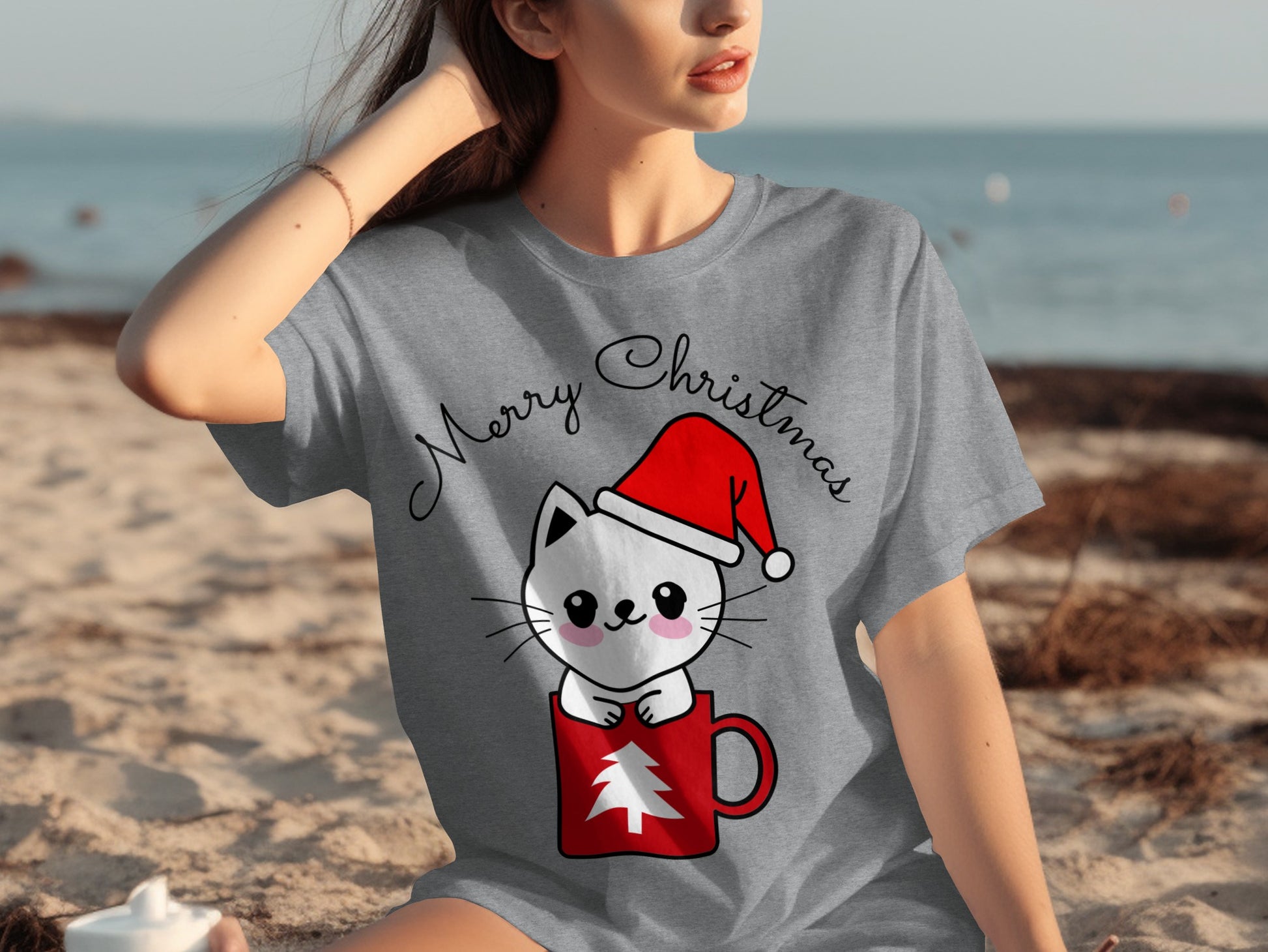 Merry Christmas Cat in Red Mug Graphic T-shirt