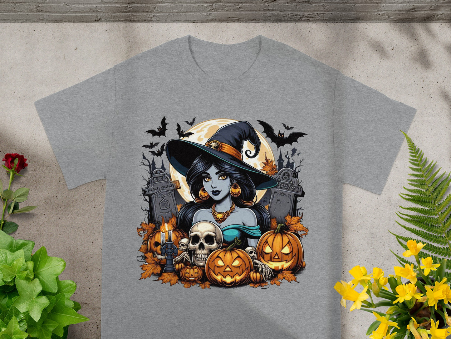 Witch with pumpkins, bats, skulls, and gravestones under a full moon.