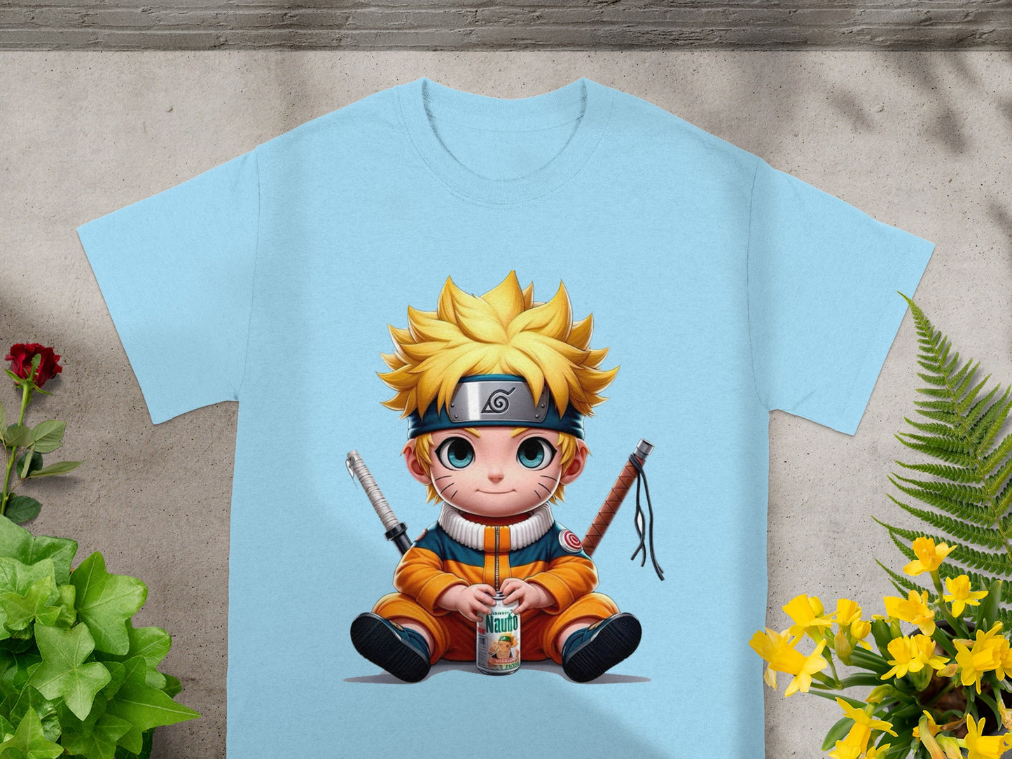 Naruto sitting with a drink and swords, on a light blue t-shirt.