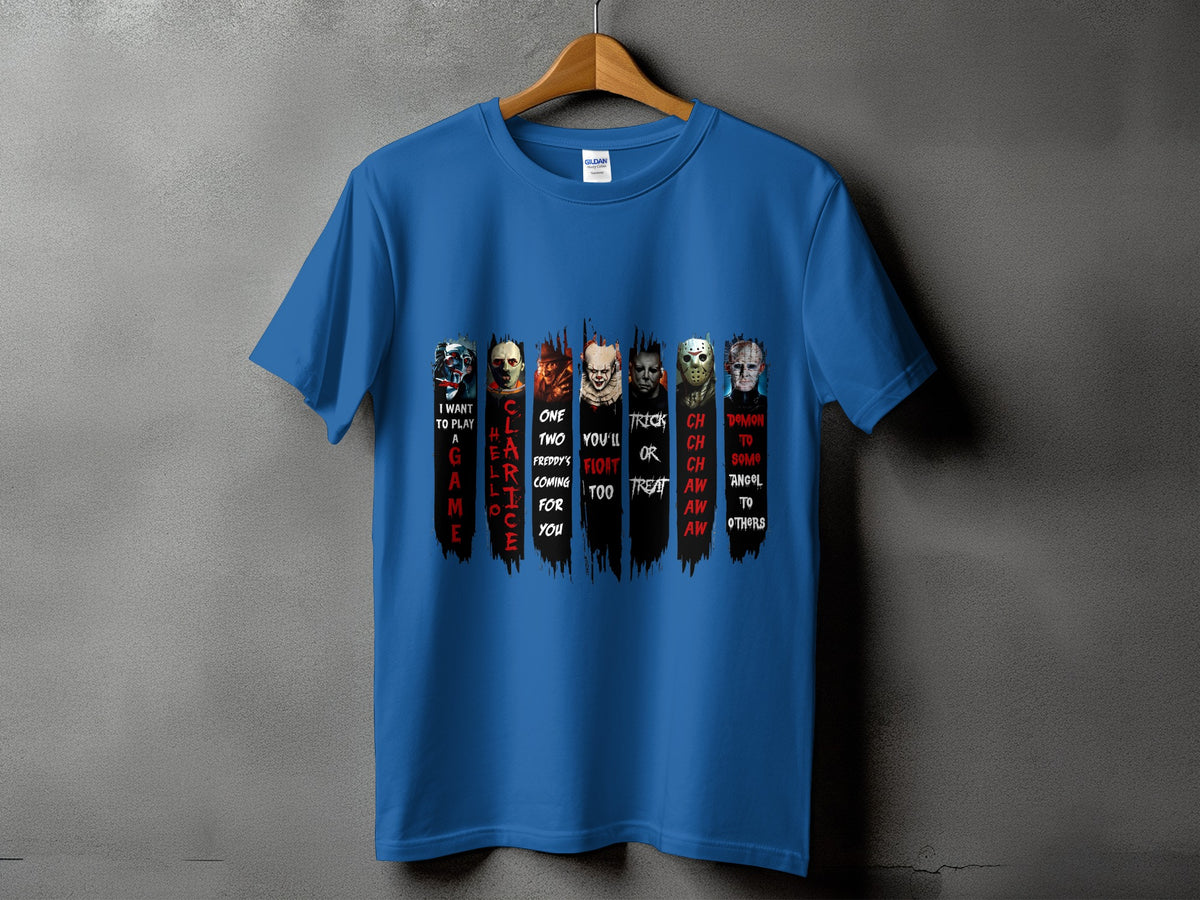 Blue t-shirt with horror movie characters and phrases "I want to play a game".