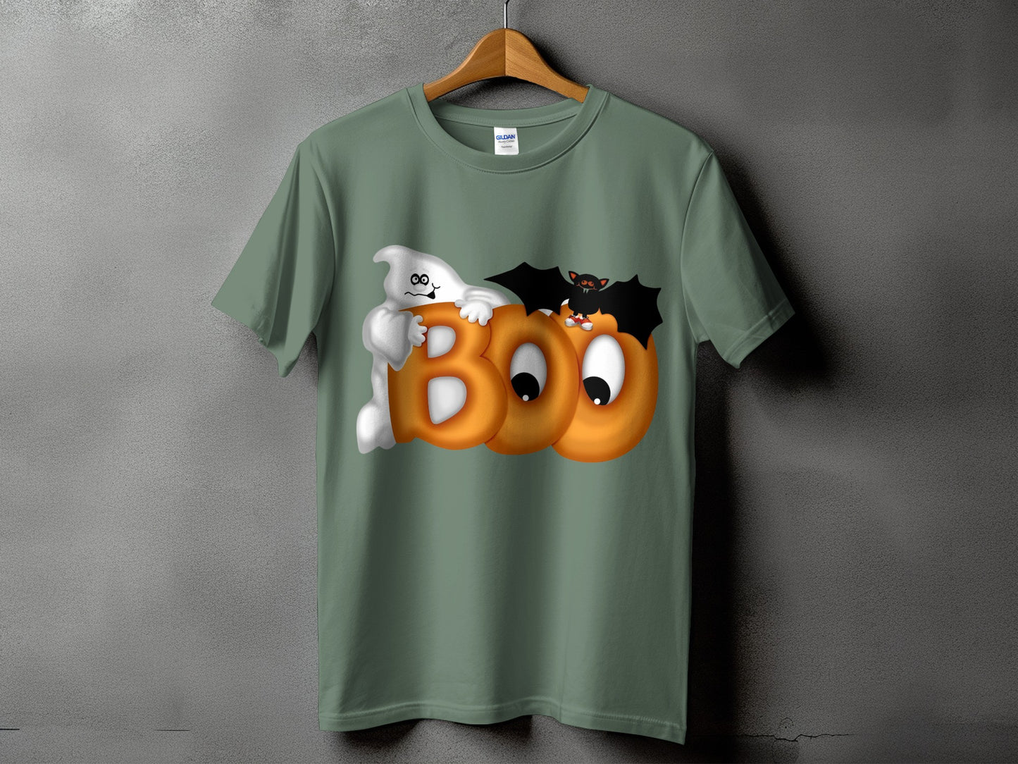 Green t-shirt with ghost, bats, and "BOO" text in Halloween theme.