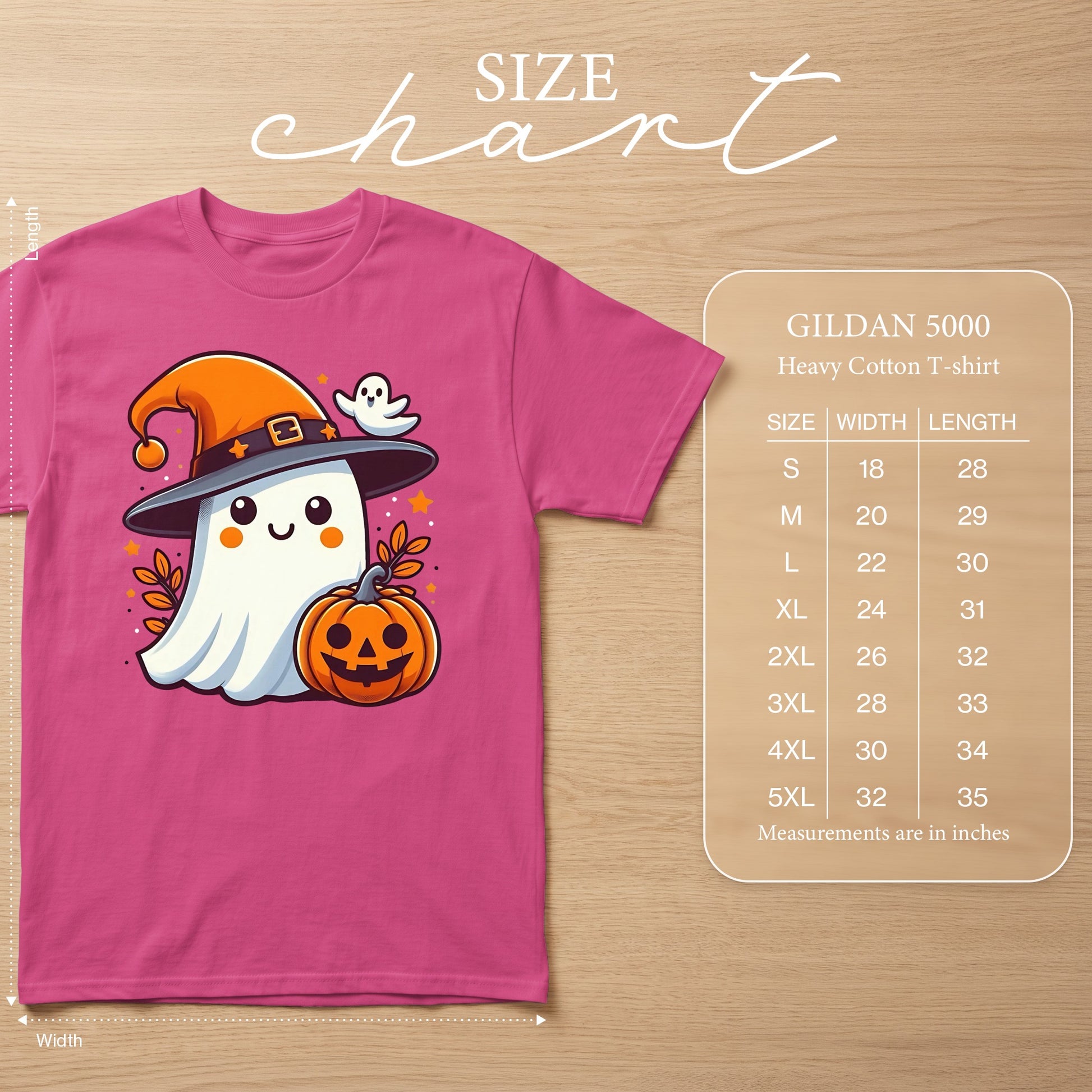 Pink t-shirt with Halloween ghost, pumpkin, and witch hat graphic, and Gildan 5000 size chart.