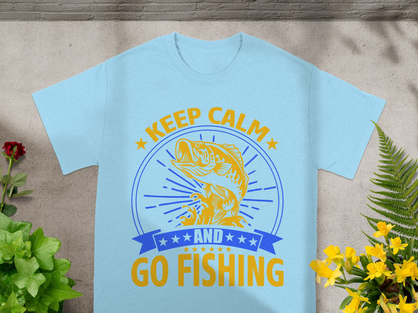 Light blue t-shirt with yellow "Keep Calm and Go Fishing" text and fish graphic.