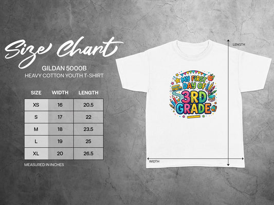 Gildan 5000B youth t-shirt size chart with measurements in inches.