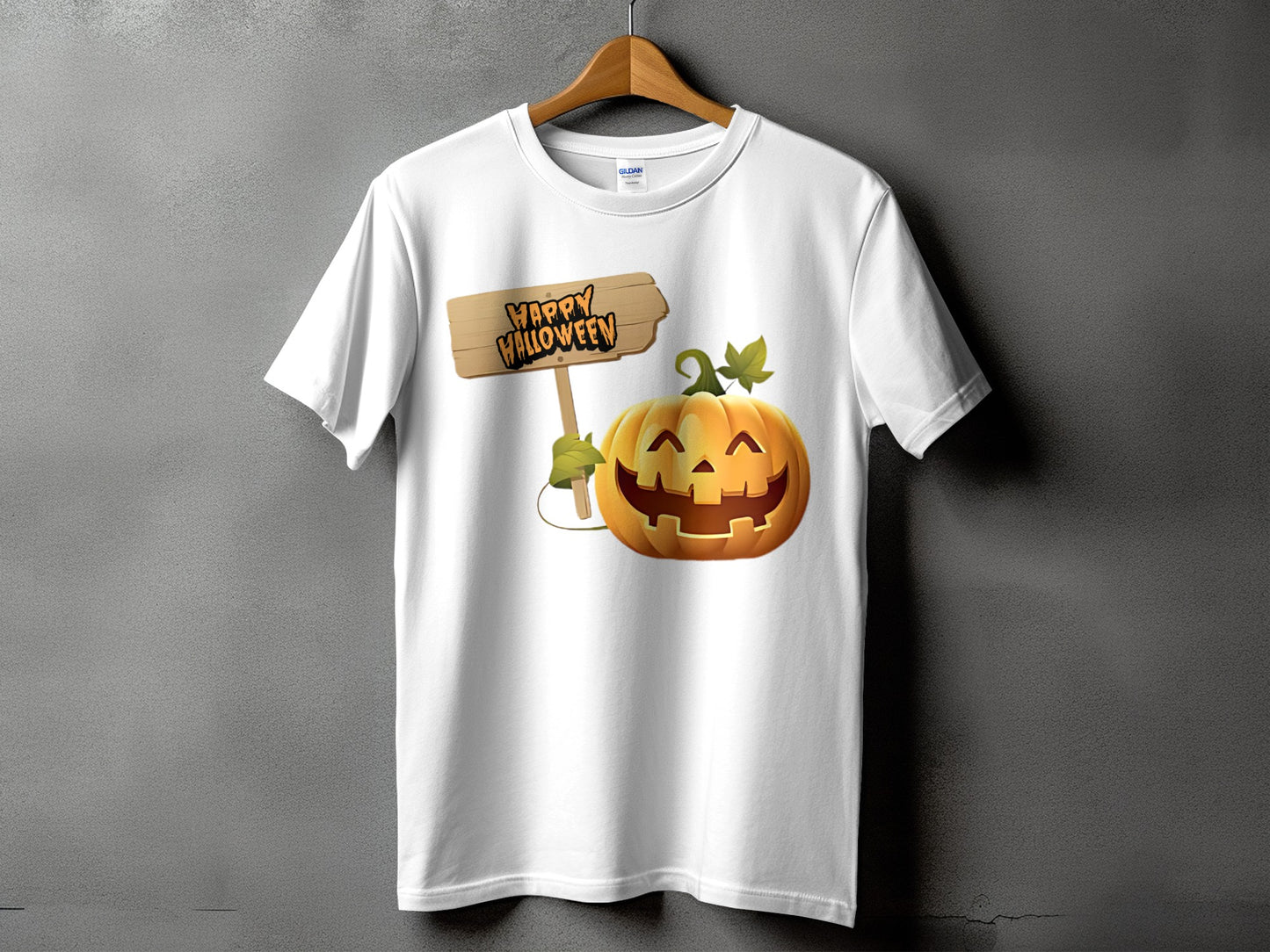 White t-shirt with jack-o'-lantern and "Happy Halloween" sign graphic.